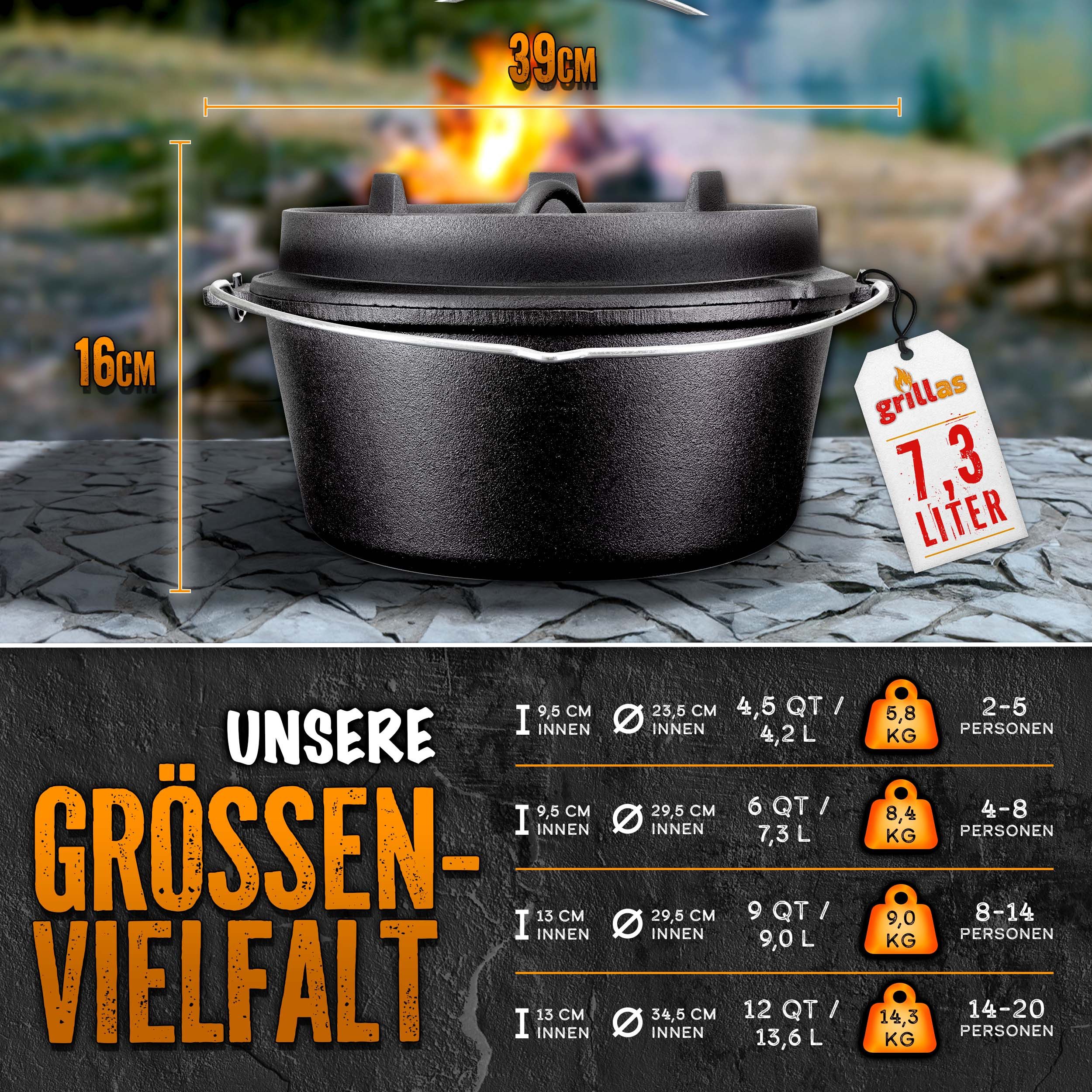 grillas Grilltopf grillas Dutch Oven Set mit Deckelheeber BBQ Gusseisen Feuertopf Gussto, Gusseisen (Dutch Oven Set, Feuerstelle), Henkel