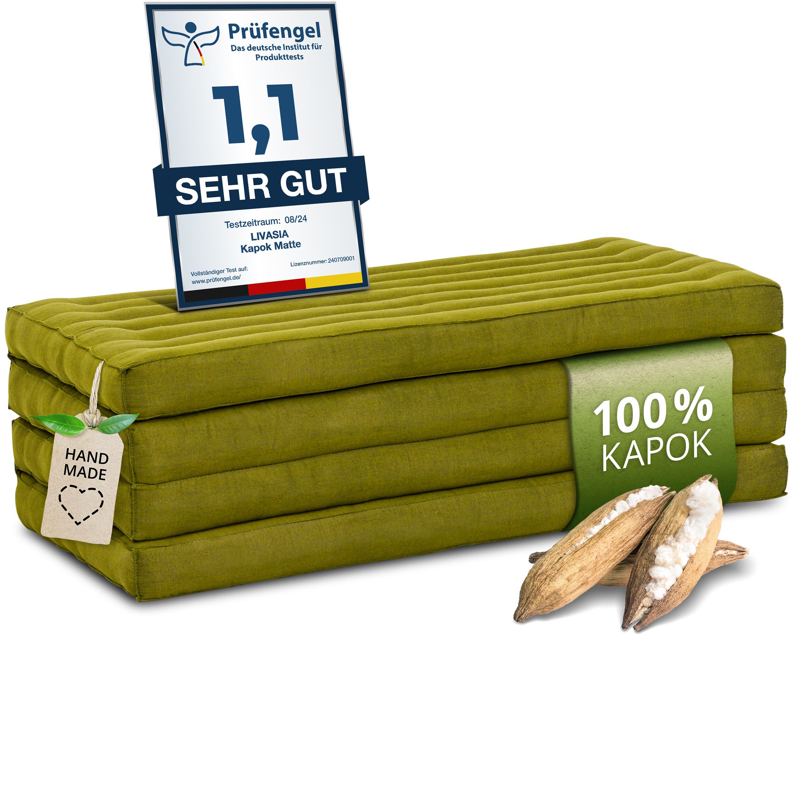 Klappmatratze Faltmatratze 110 cm breit (Basic) - 200x110x8cm -, livasia, 8 cm hoch, Kapok, vegan, handgefertigt