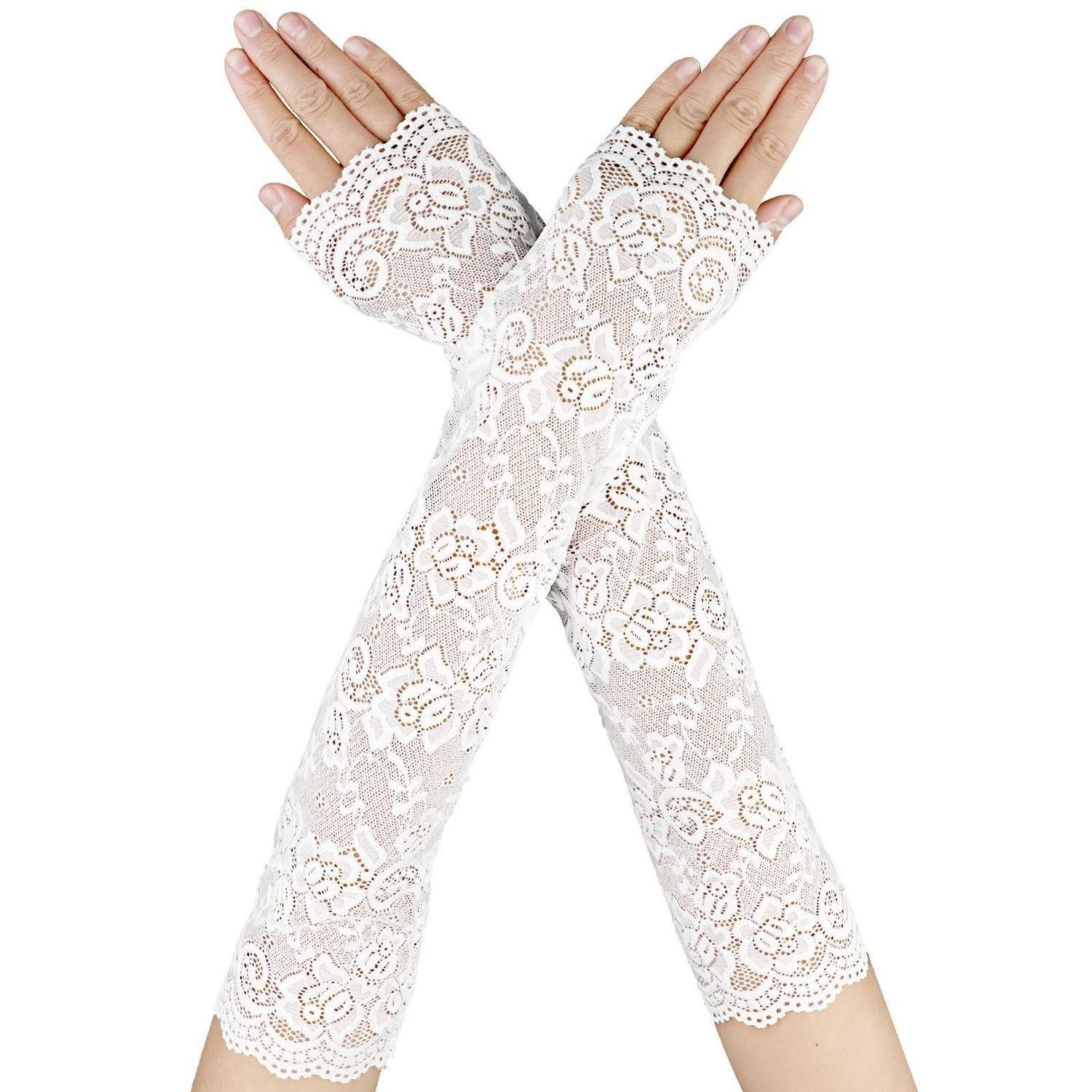 LuxusKollektion Abendhandschuhe Fingerlose Spitzenhandschuhe Damen lang weiß/schwarz (1-St)