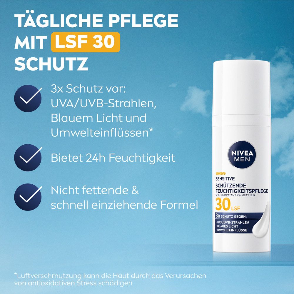 Nivea Men Gesichtspflege Sensitive Schützende Feuchtigkeitspflege LSF30, 1-tlg., Sofortiger Feuchtigkeits-Boost