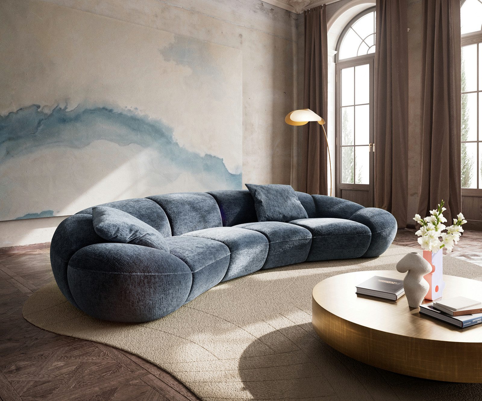 DELIFE Big-Sofa Lunna, Chenille Blau 360x175 cm 2 Kissen
