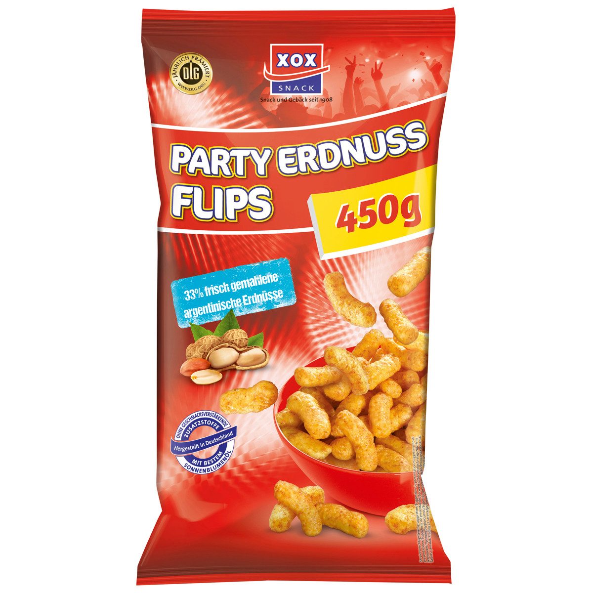 XOX Knabberei, XOX Party Flips Erdnuss Style knuspriger Mais Erdnuss Snack 450g