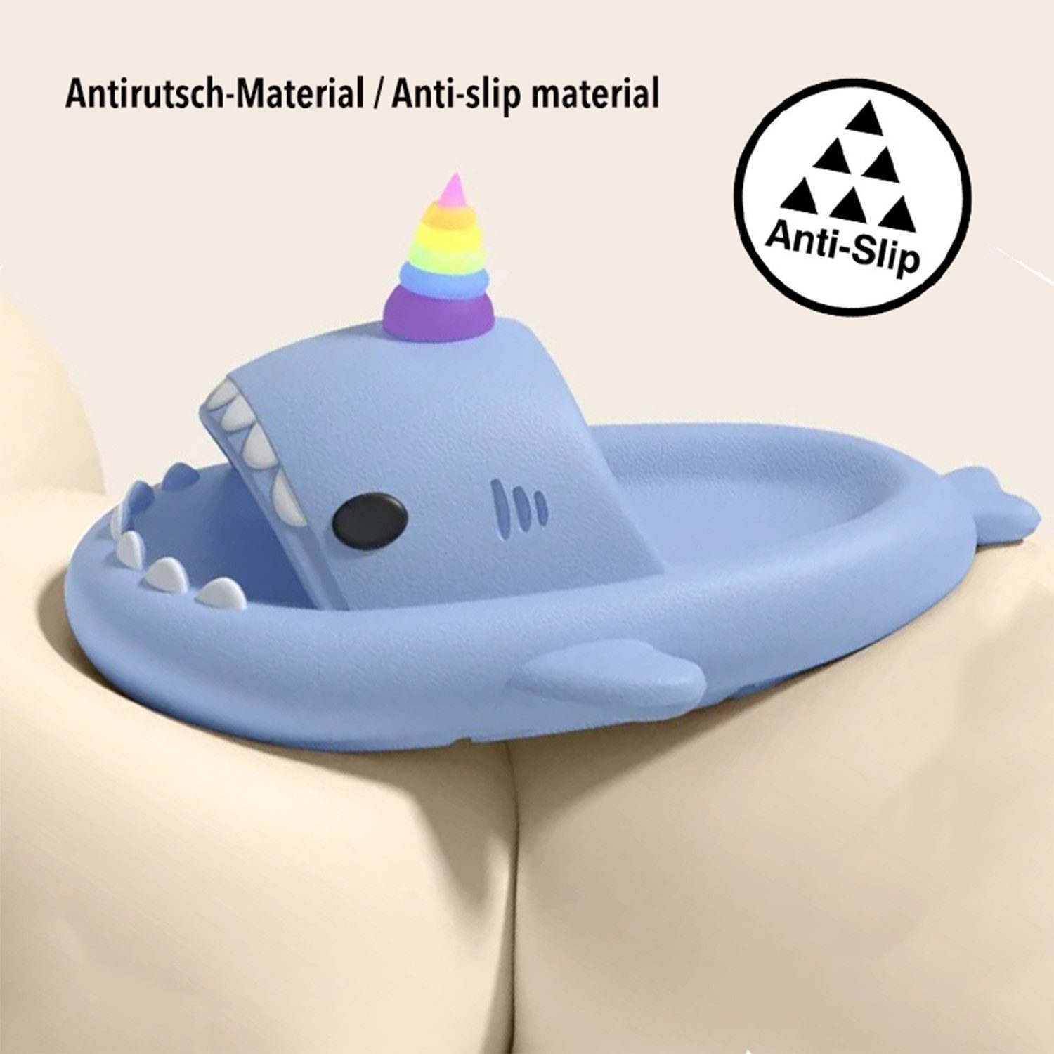 Corimori Hai Einhorn Badeschlappen mit Regenbogenhorn Badeschuh (Packung, Geschenk) lustige Badelatschen für Kinder und Erwachsene, EU Größe 42-43