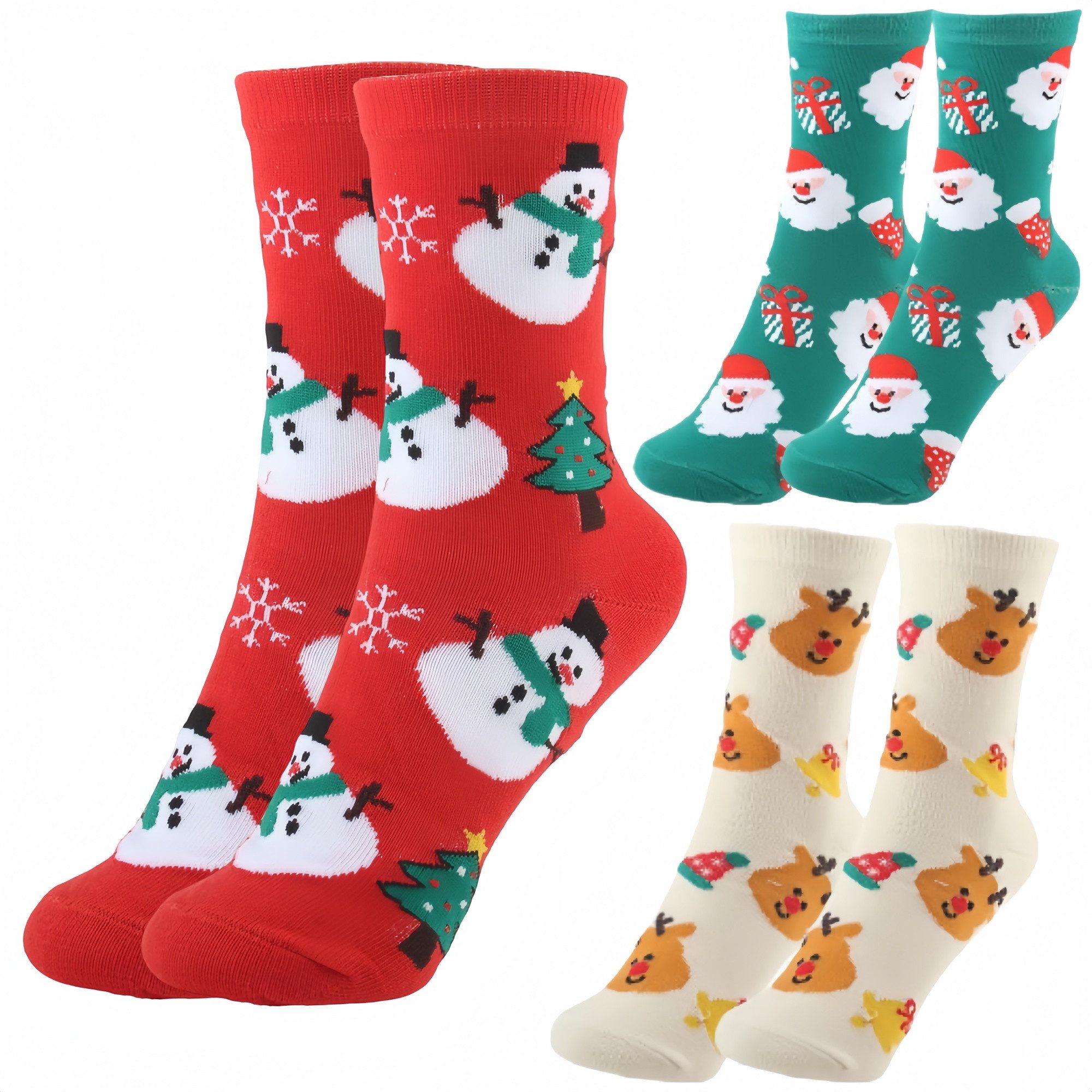 FOUORTUNATE-BEE Haussocken 3 Paar Weihnachts-Socken für Damen und Kinder – festliche Motive Mittelhohe Herbst- und Wintersocken mit Santa, Rentier & Schneemann