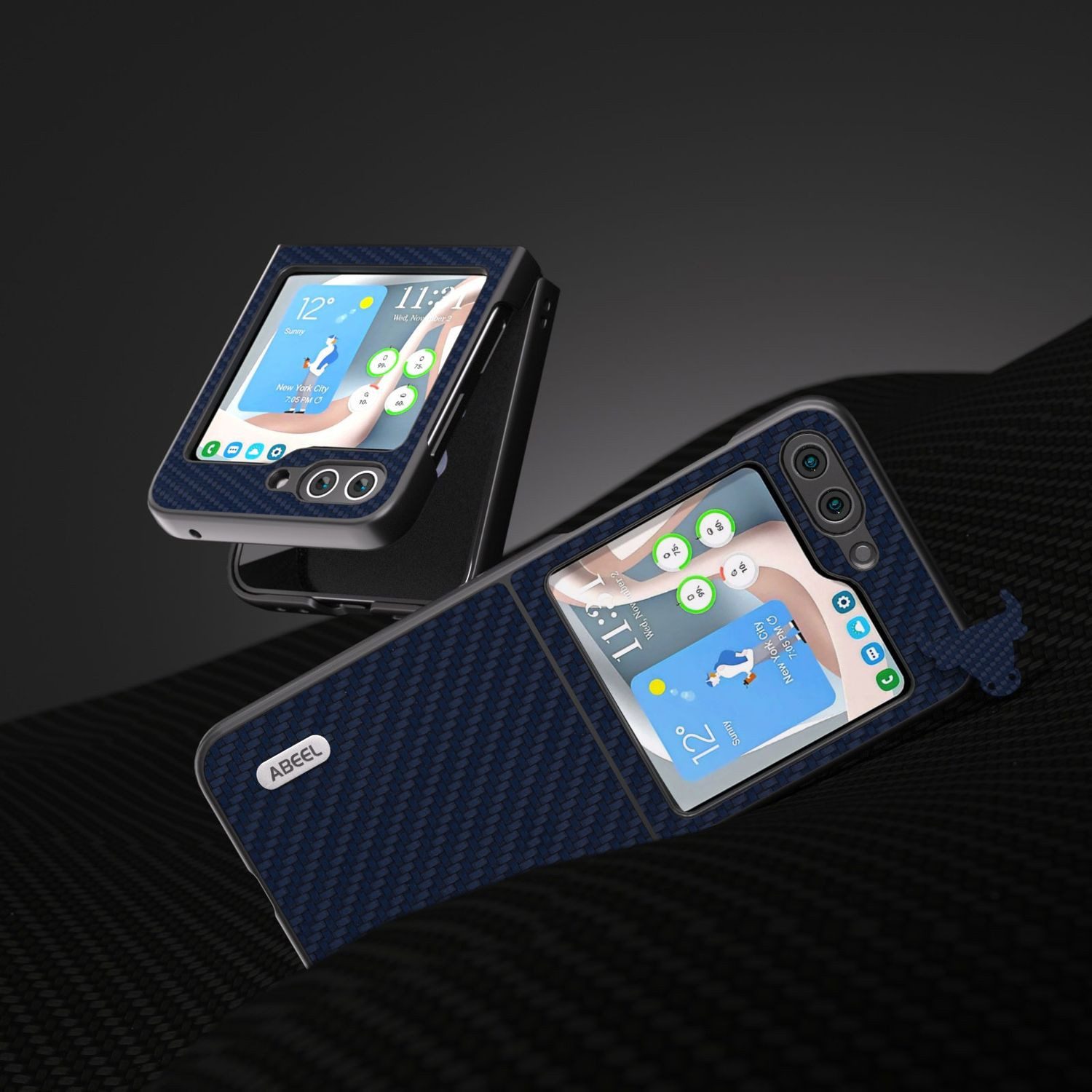 Wigento Handyhülle Für Samsung Galaxy Z Flip5 5G Carbon Textur Schutzhülle Dunkelblau