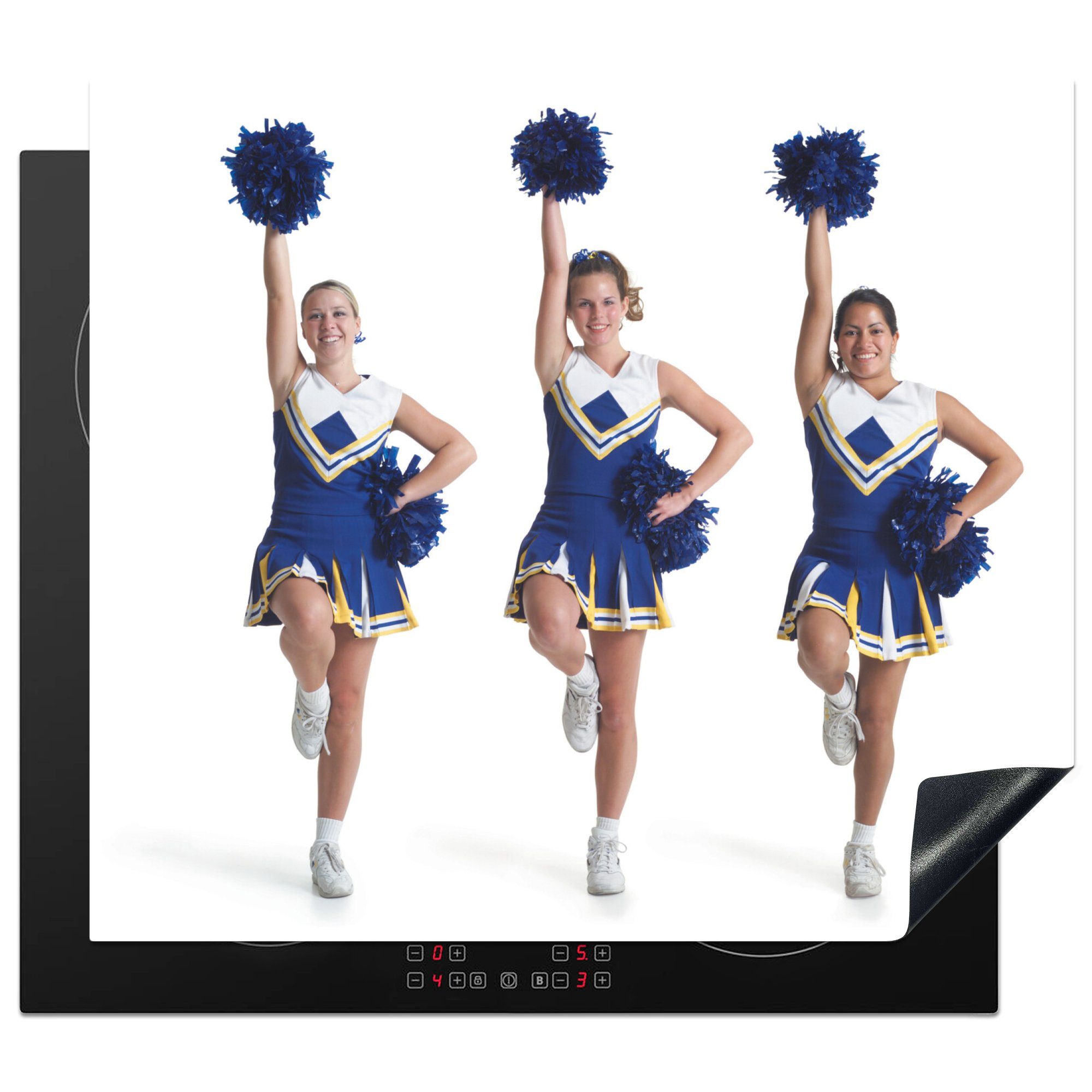 MuchoWow Herdblende-/Abdeckplatte Drei Teenager halten als Cheerleader einen Pompon in die Luft, Vinyl, (1 tlg), 59x52 cm, Ceranfeldabdeckung für die küche, Induktionsmatte
