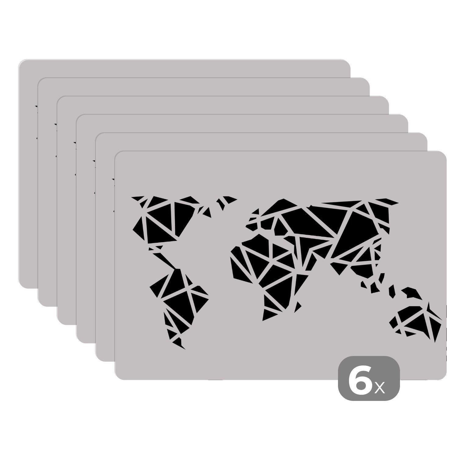 Platzset, Weltkarte - Geometrische Formen - Schwarz - Weiß, MuchoWow, (6-St), Platzset, Platzdecken, Platzmatte, Tischmatten, Schmutzabweisend