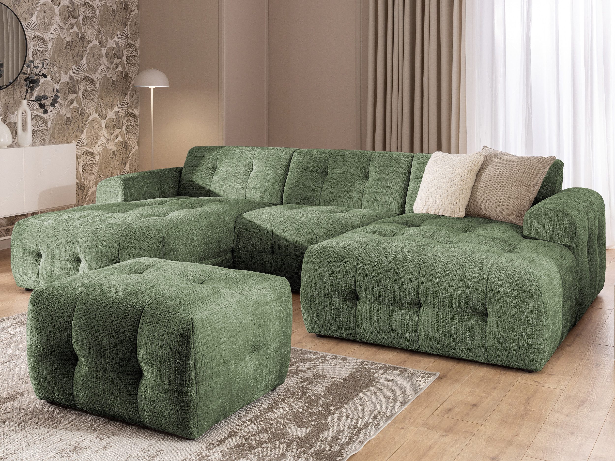 S-Style Möbel Wohnlandschaft und Hocker Kozy Bumpy-Design mit Schlaffunktion & fester Rückenlehne, aus weichem Chenille-Stoff, mit Wellenfederung