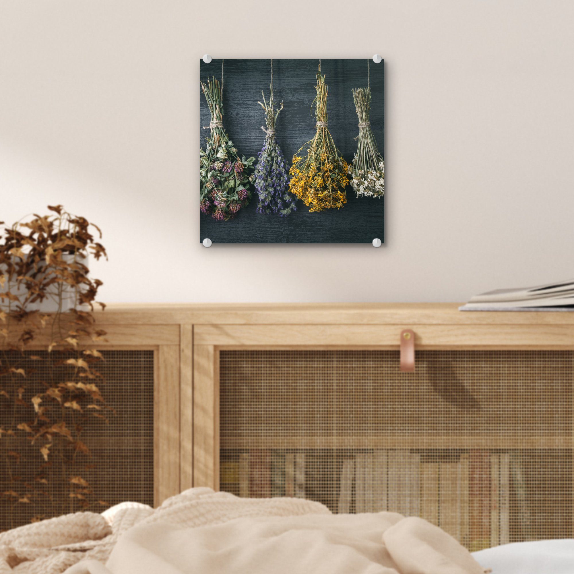 Blumenstrauß - Acrylglasbild Wandbild Trockenblumen auf - - - - St), Glasbilder - Bündel, auf - Stilleben Seil Glas bunt Blumen - Bilder (1 Wanddekoration MuchoWow Foto Glas