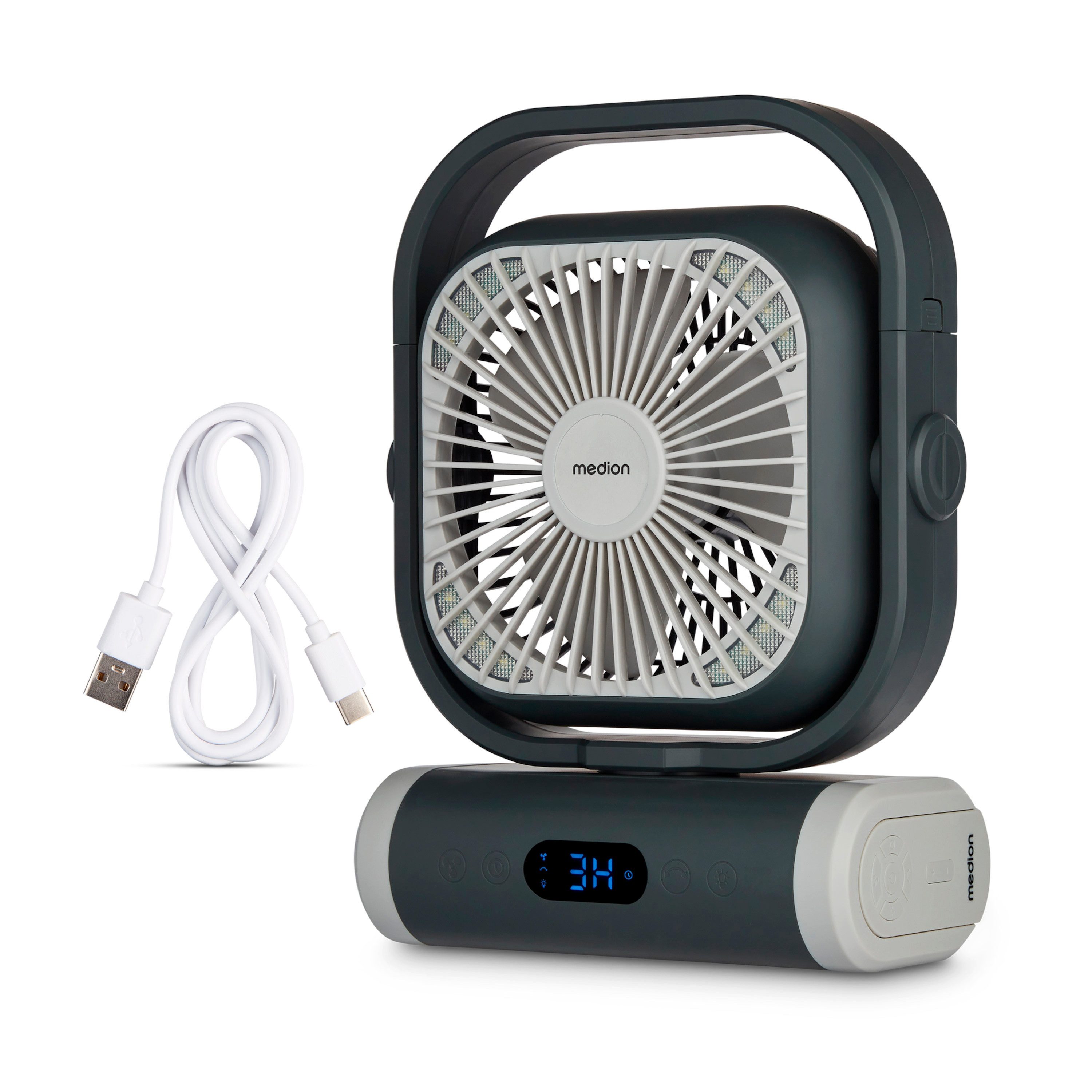 Medion® Akku-Ventilator MEDION LIFE Camping Ventilator E10 TF, 5 Stufen, 20 W, Neigbarer Kopf, Timer, Oszillation 110°, Haken zum
