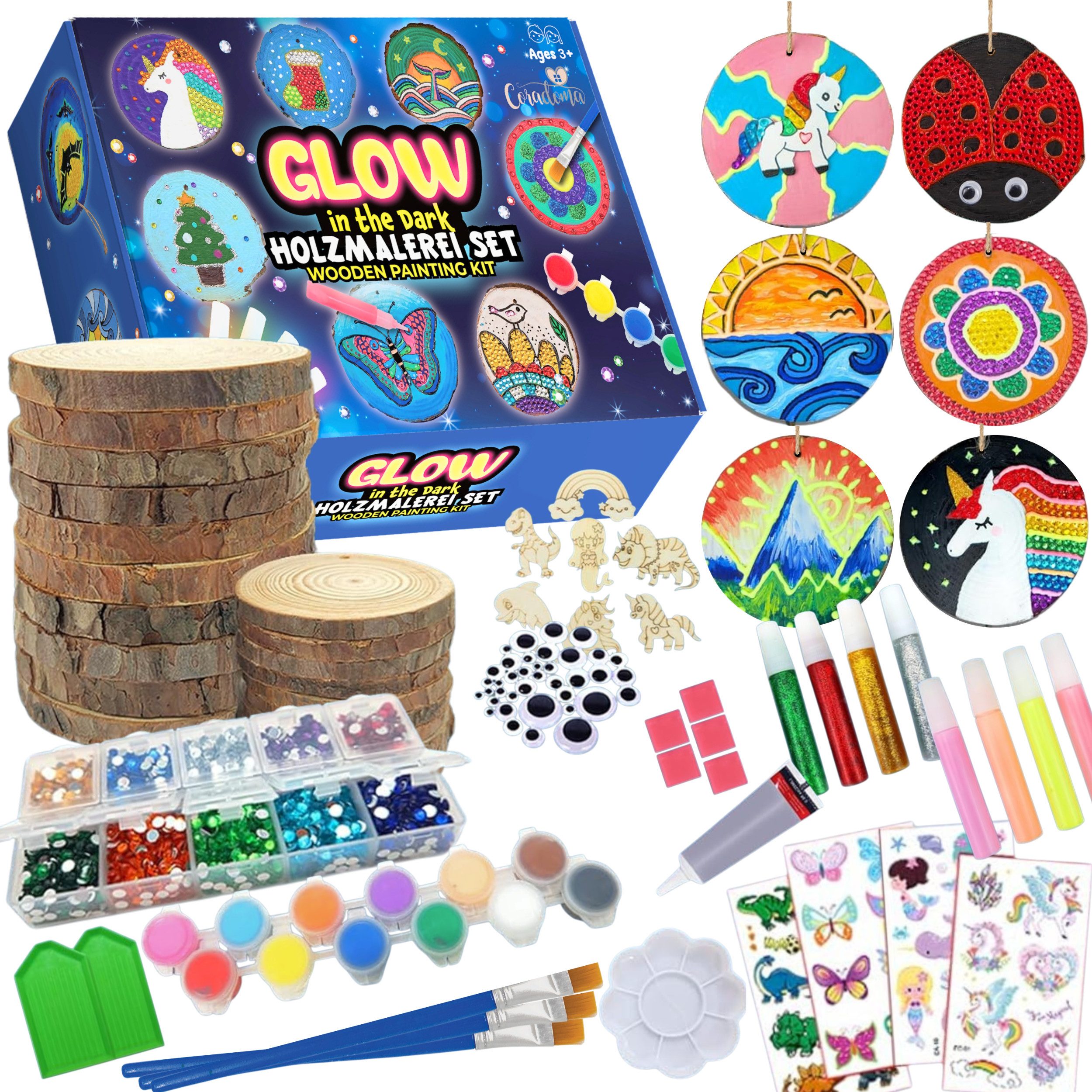 Coradoma Kreativset Holzscheiben zum Bemalen DIY Set Bastelset für Kinder Malen Kreativ, DIY Bastelset mit 20 Holzscheiben