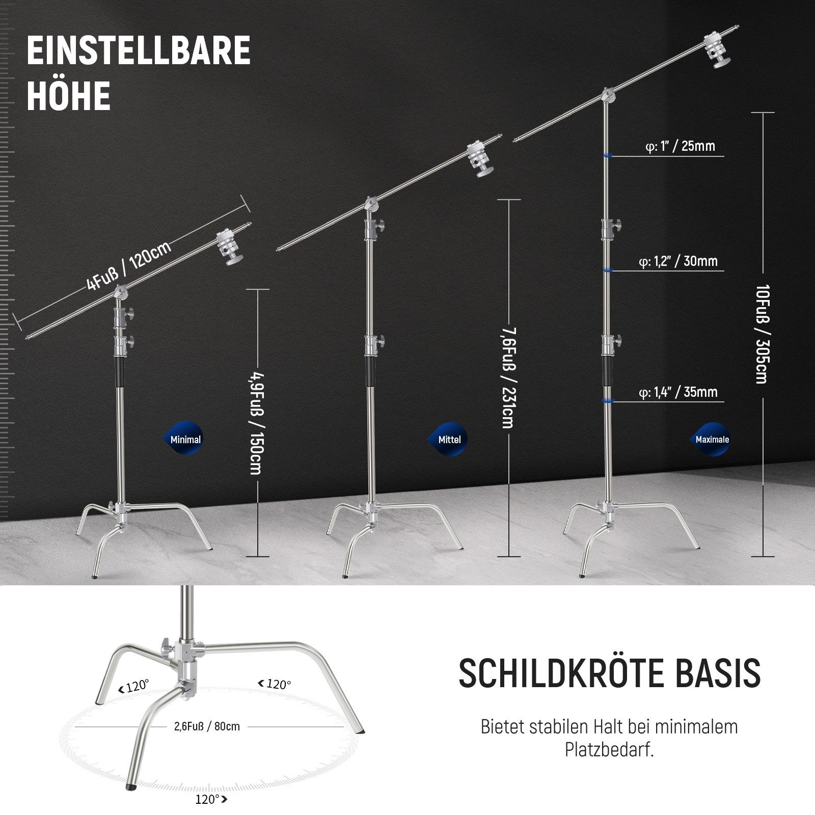 Neewer C320B 3M Verstellbarer C-Stand Lampentständer, 150-305 cm Lampenstativ (mit Tragetasche, für Fotostudio Videoreflektor Schirm Monolight)