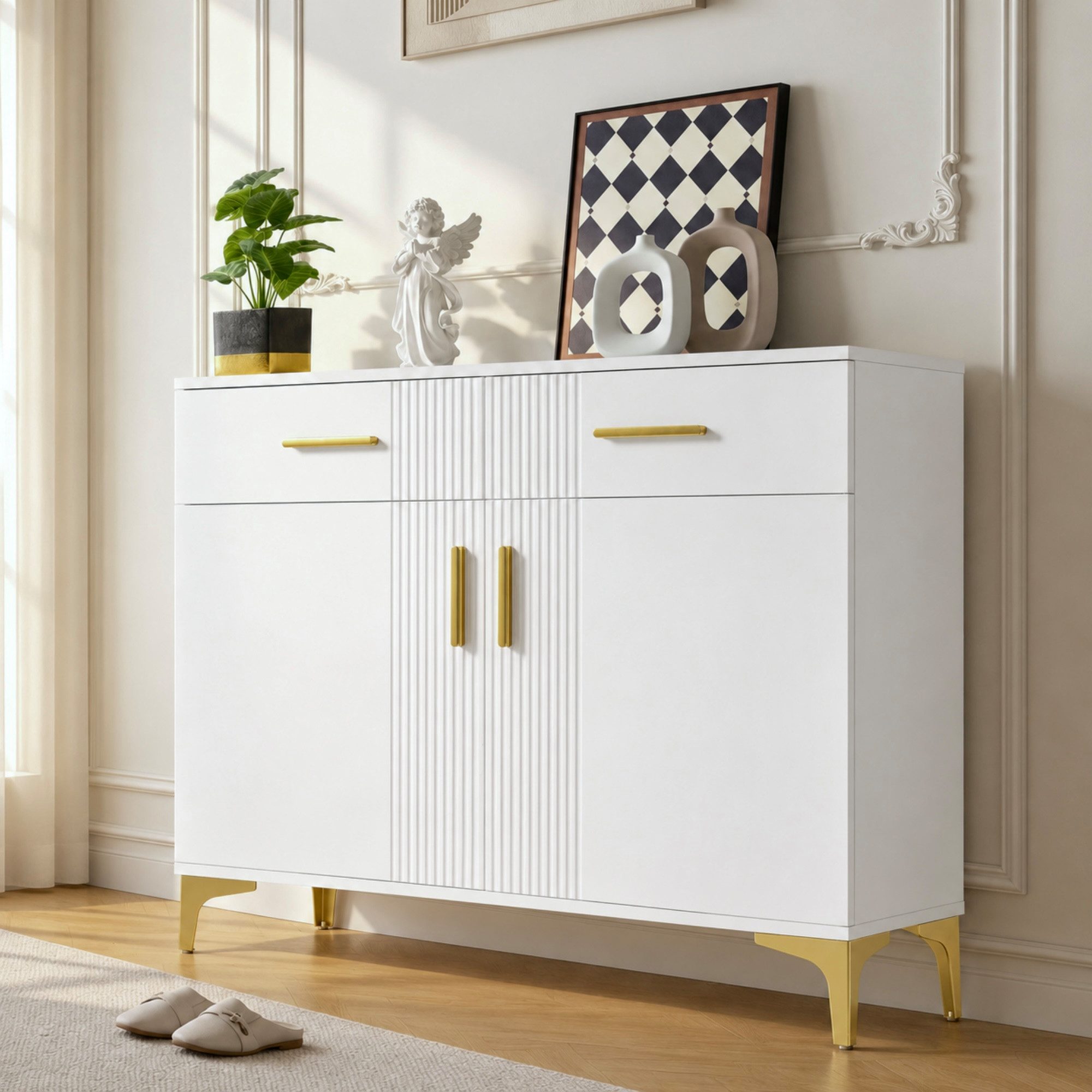 Flieks Kommode mit 2 Schubladen und 2 Türen Weiß (B80/T35/H79,5 cm, 1 St., für Wohnzimmer, Flur, Schlafzimmer und Esszimmer), Sideboard Mehrzweckschrank mit verstellbare Einlegeböden Holzschrank