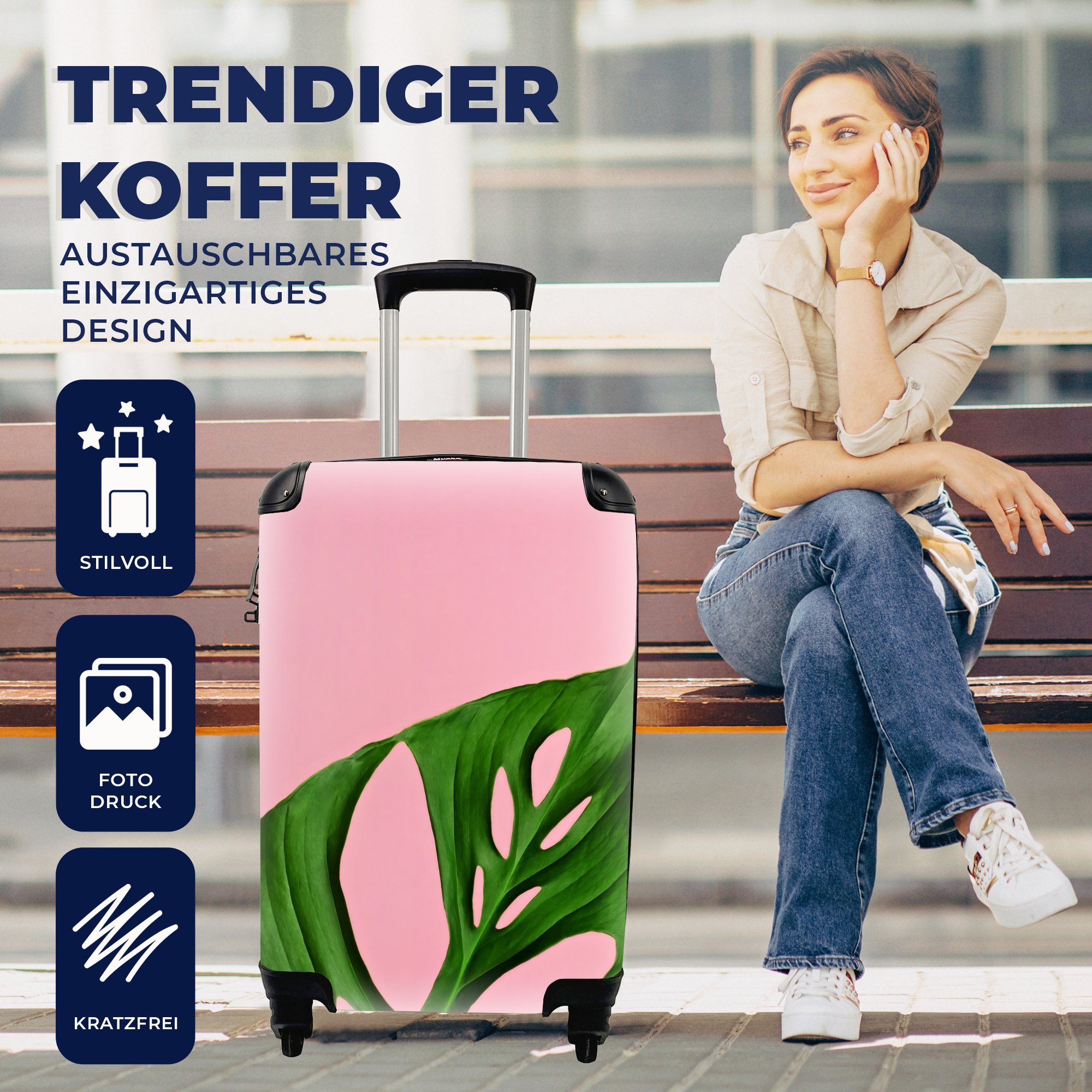 für Hintergrund, Rollen, rosa auf Handgepäckkoffer MuchoWow rollen, Handgepäck Trolley, Botanisches mit Ferien, Reisekoffer Reisetasche 4 Blatt