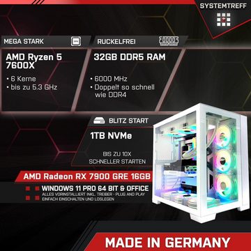SYSTEMTREFF Gaming-PC (AMD Ryzen 5 7600X, Radeon RX 7900 GRE, 32 GB RAM, 1000 GB SSD, Luftkühlung, Windows 11, WLAN)