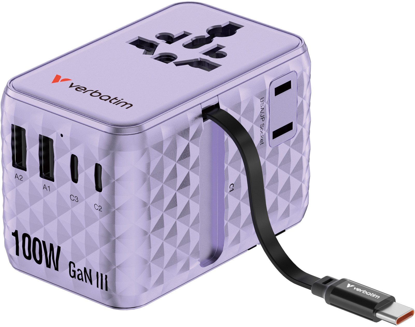 Verbatim Charge 'n' Travel Adapter - 100W GaN USB-C Kabel, rosa Reiseadapter EU-Stecker, Australien-Stecker, US/Japan-Stecker, USB-C zu AC-Steckdose, USB-A, USB-C, Integriertes, einziehbares USB-C-Kabel
