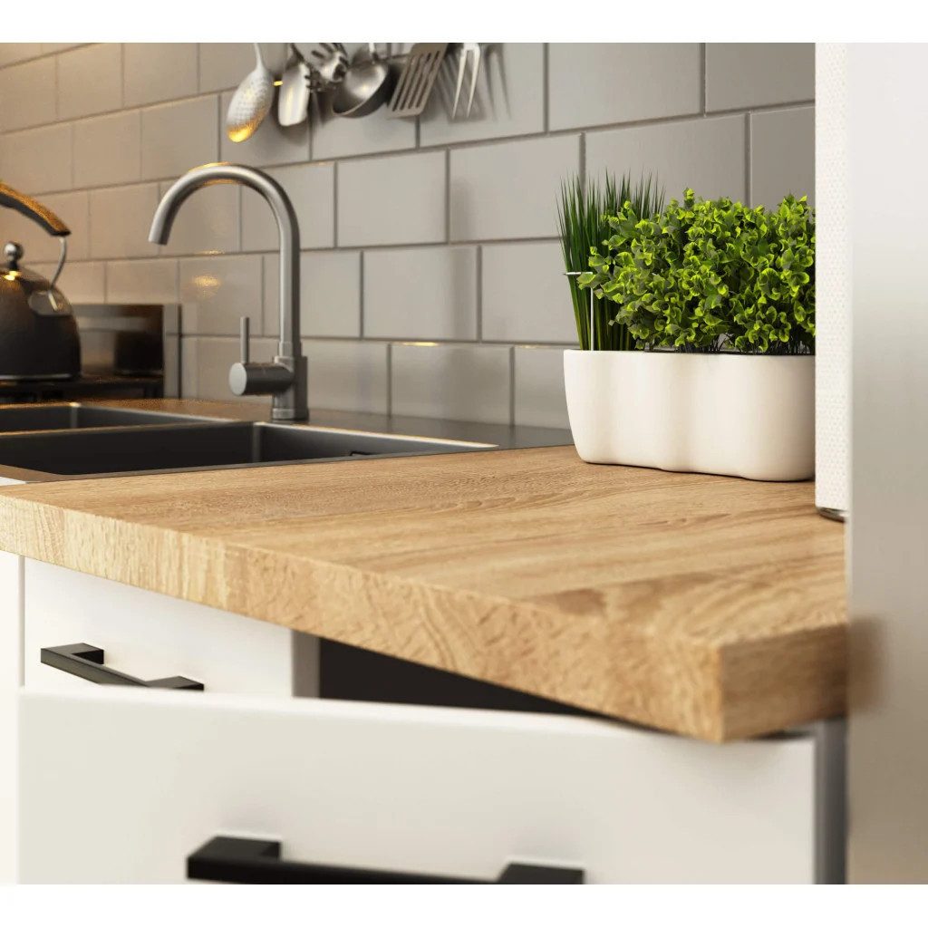 Raumhirsch Furniture Küchenzeile Modular erweiterbare Küchenzeile - Für kleine Küchen - Küchenblock, Hochwertiges Küchenmöbel Set aus Sonoma Eiche & Weiß