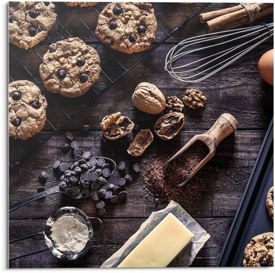 Reinders! Glasbild Glasbild Köstliche Schokolade Cookies - Zutaten -  Walnüsse - Backen, Süßigkeiten (1 St)