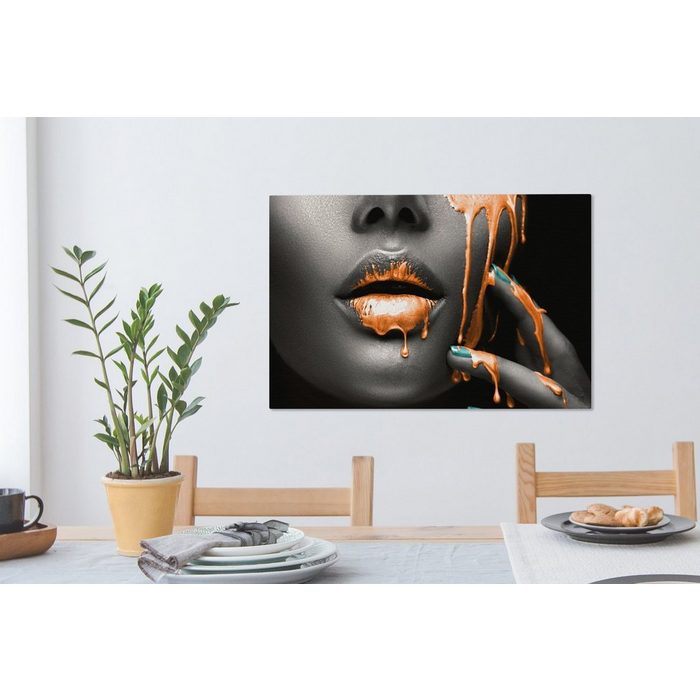 OneMillionCanvasses® Leinwandbild Lippen - Orange - Schwarz (1 St) Wandbild Leinwandbilder Aufhängefertig Wanddeko