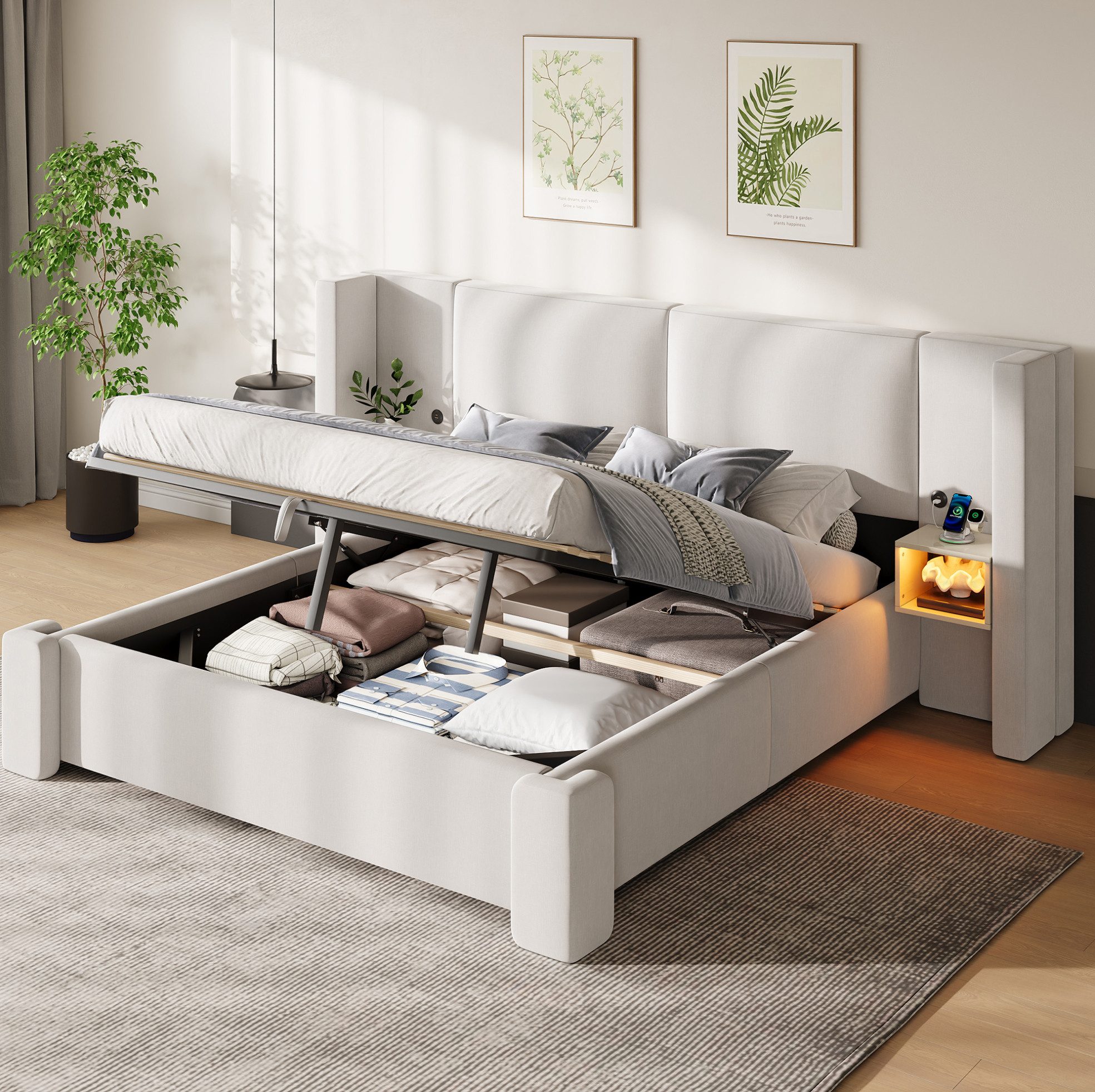 OKWISH Polsterbett LED-Bett 140x200cm Beige mit Staufächern & Hydraulik ohne Matratze (Packung, Komfortbett mit Liftfunktion & praktischen Aufbewahrungslösungen), Beiges Boxspringbett-Design mit integrierter Beleuchtung