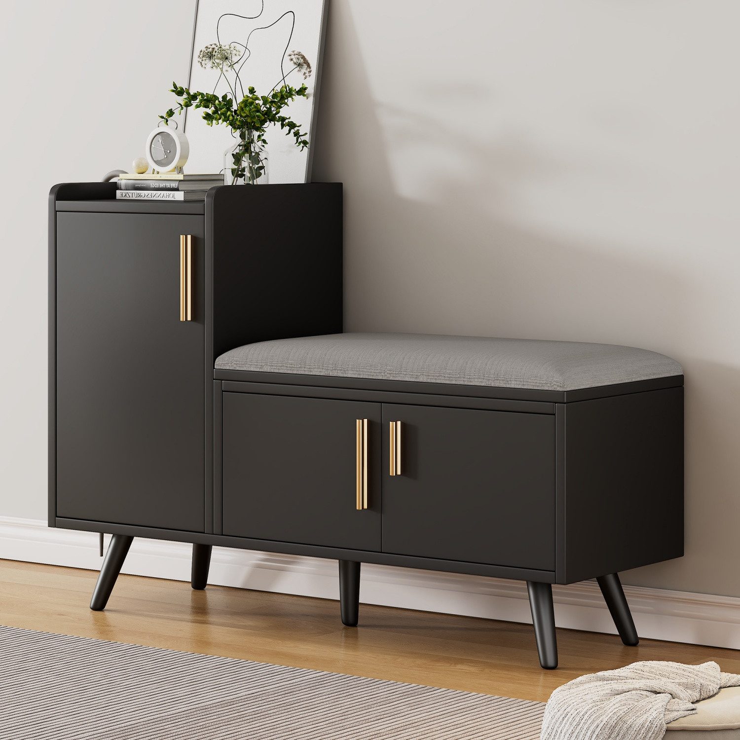 ANYSUN Schuhbank Schuhtruhe Sitzbank mit drei Stauraumtüren, (mehreren Ebenen zur Aufbewahrung,B100/T34/H69 cm), ideal für Flur und Schlafzimmer, leicht zu montieren