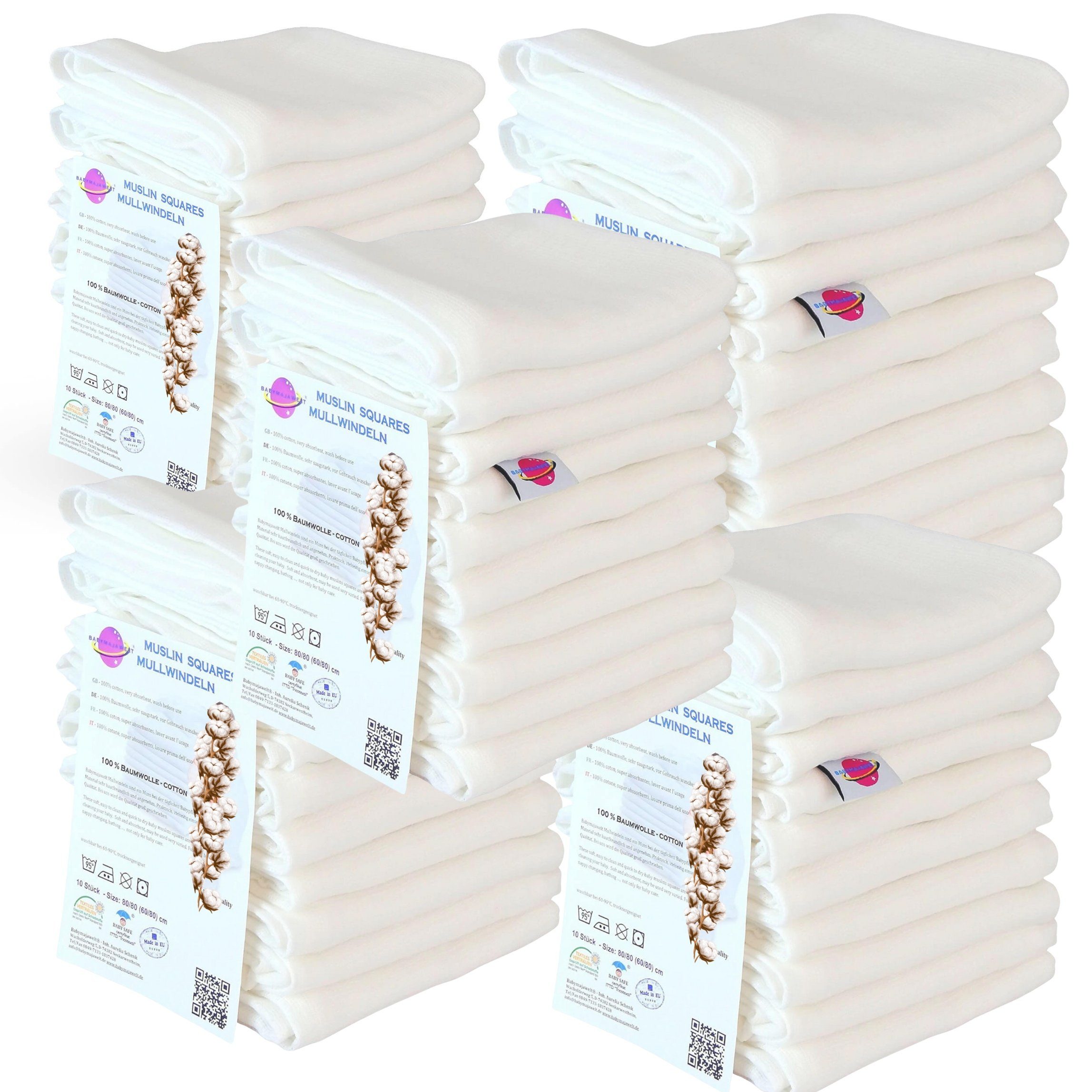Babymajawelt Stoffwindeln Mullwindeln 80x80 Spucktücher weich und weiß, Baby Mulltücher (Set, 50-St., Mulltücher Dicke 115g/m²- Crinkel Optik nach dem Waschen), Made in EU, Hautfreundlich, Saugfähig, Weich, Reine Baumwolle
