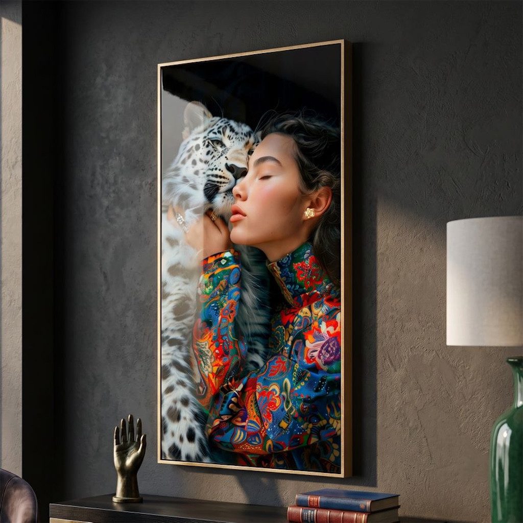 MF Wandbild Sahara Wandbild Frau mit weißem Leoparden 52 x 102 cm, (1 St)