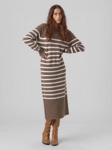 Vero Moda Strickkleid VMPLAZA LS O-NECK CALF DRESS GA BOO Brown Lentil Stripes:W. BIRCH