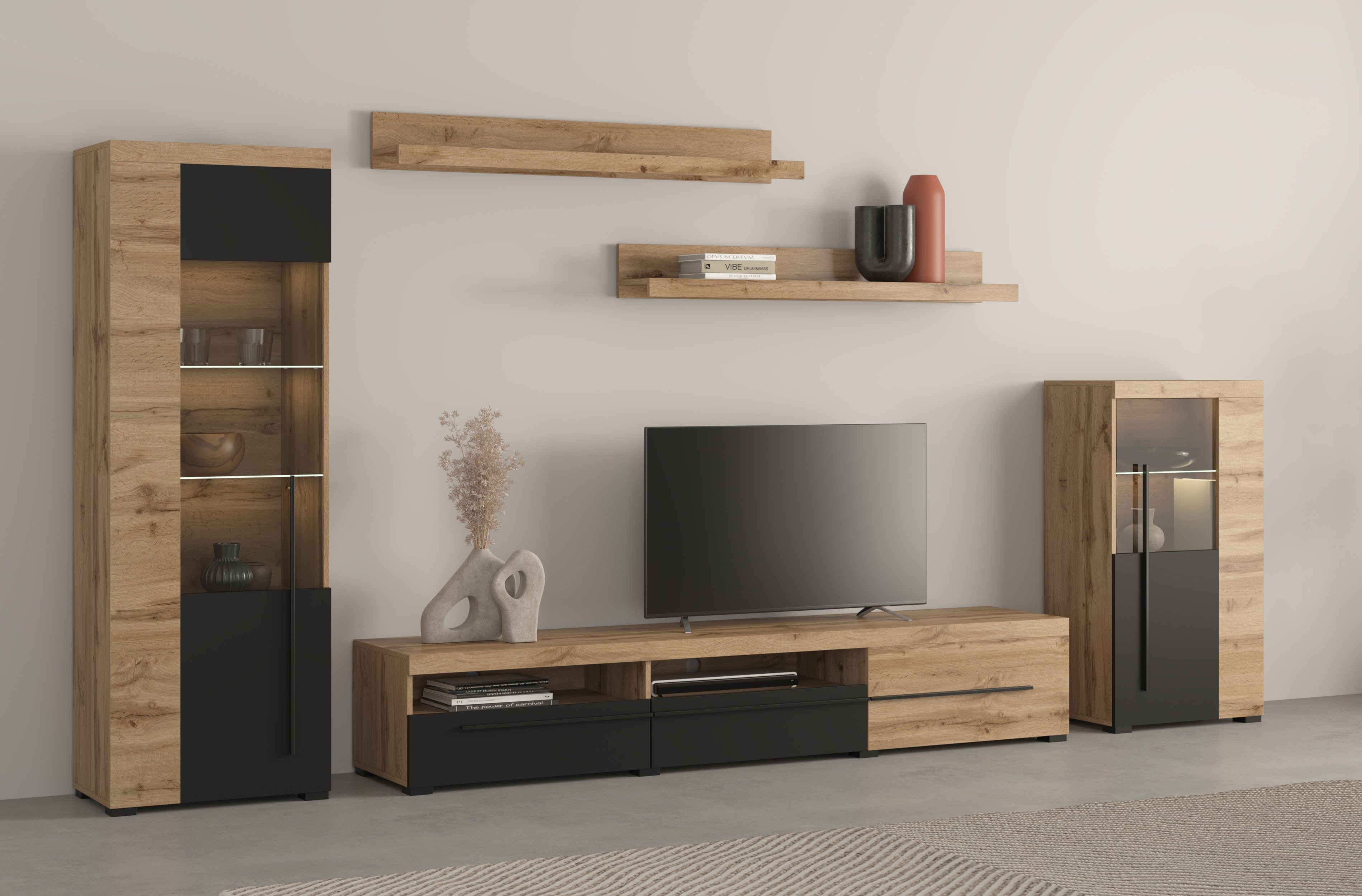 INOSIGN Wohnwand Roger,Breite 270 cm moderne Mediawand ohne Beleuchtung, (Set, 5-St), Anbuwand (Set,5-St) viel Stauraum, Vitrinen mit Glastür