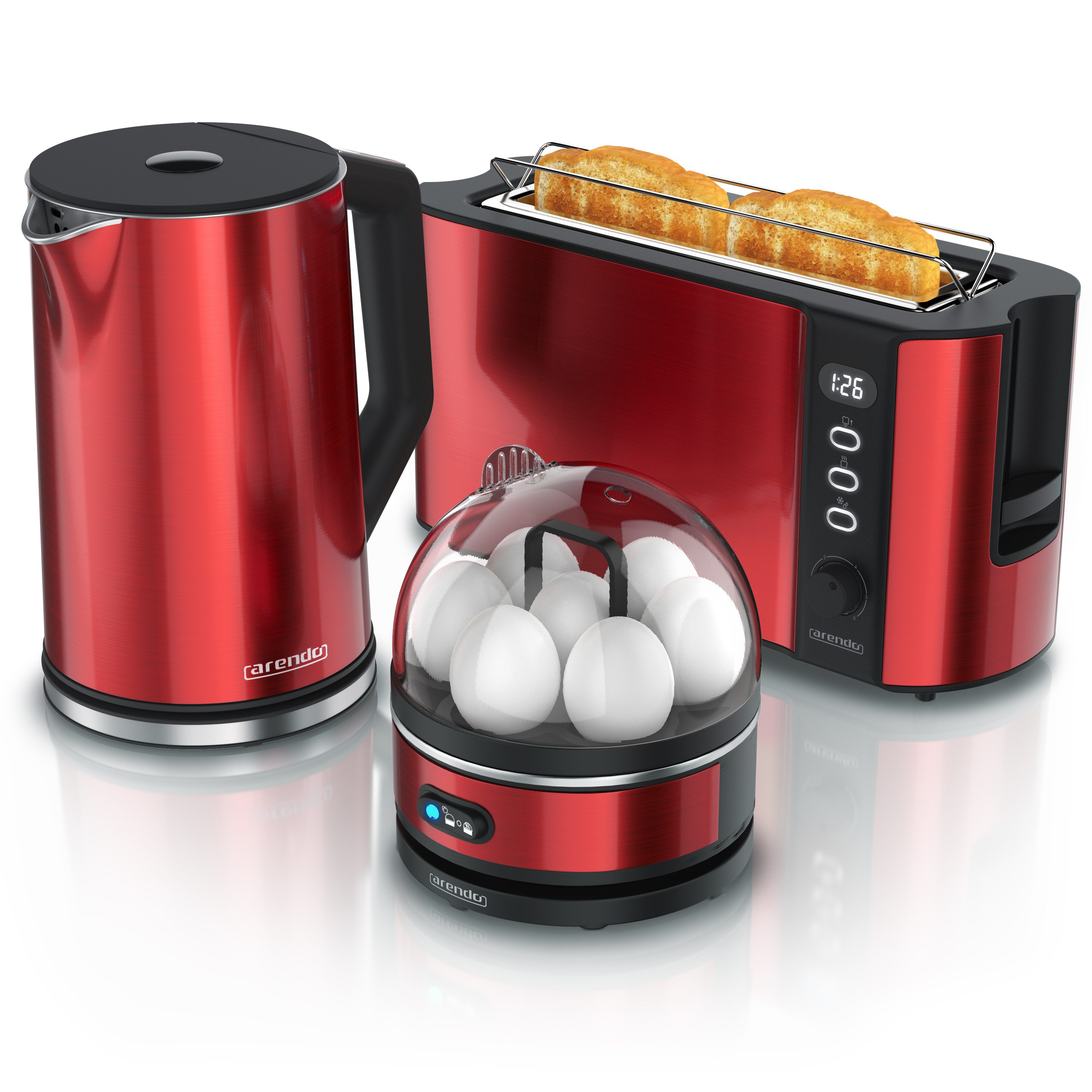Arendo Frühstücks-Set Edelstahl Wasserkocher 1,5l, Eierkocher 7 Eier, 4-Scheiben Toaster rot (3-tlg), Langschlitz Brötchenaufsatz, Wasserkocher Temperatureinstellung