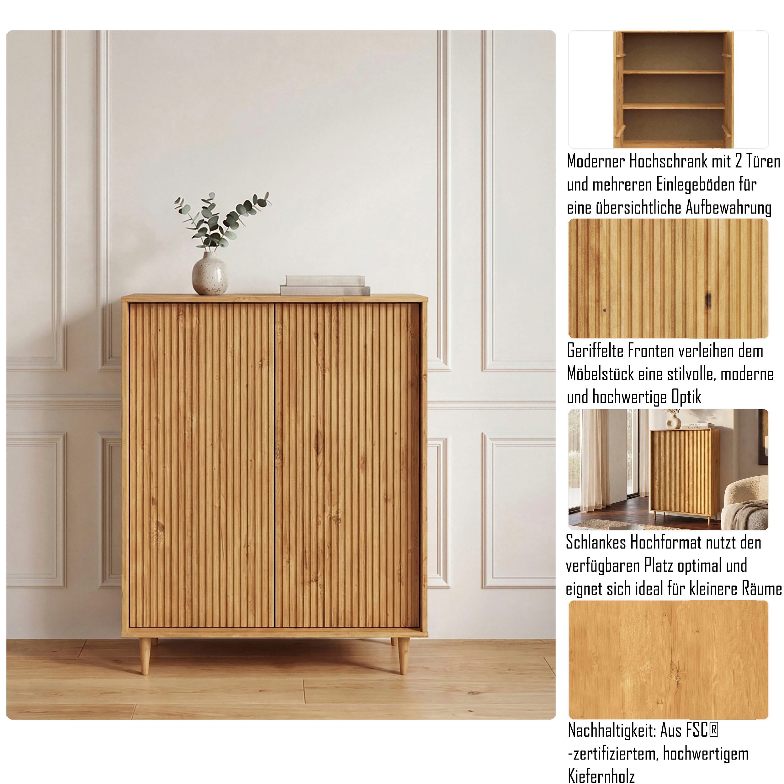 OTTO home Highboard Malmedy Front mit gefrästen Rillen, Kommode Midischrank aus massivem Kiefernholz, Push-to-open, B 100 cm – Bild 3 von 5