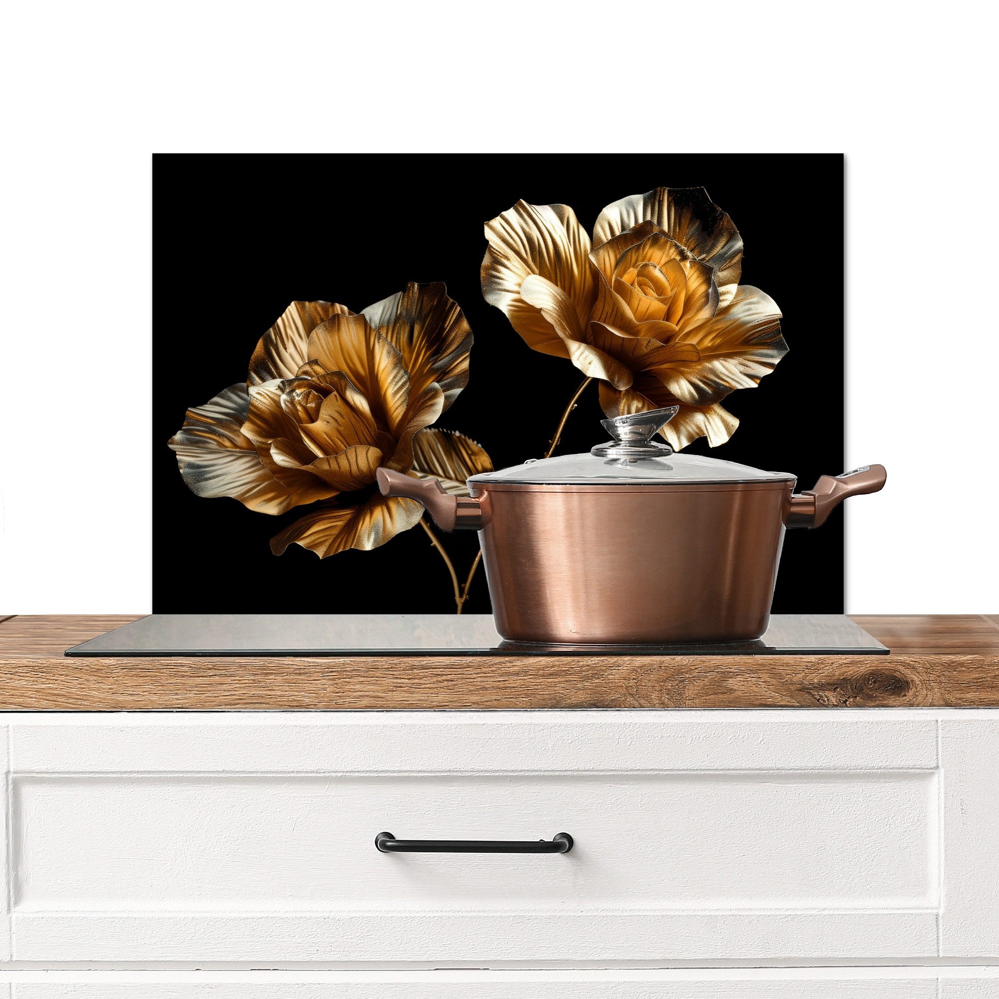 MuchoWow Küchenrückwand Rose - Gold - Blumen - Natur, (1-tlg), Spritzschutz Küche, Küchendeko, 60x40 cm