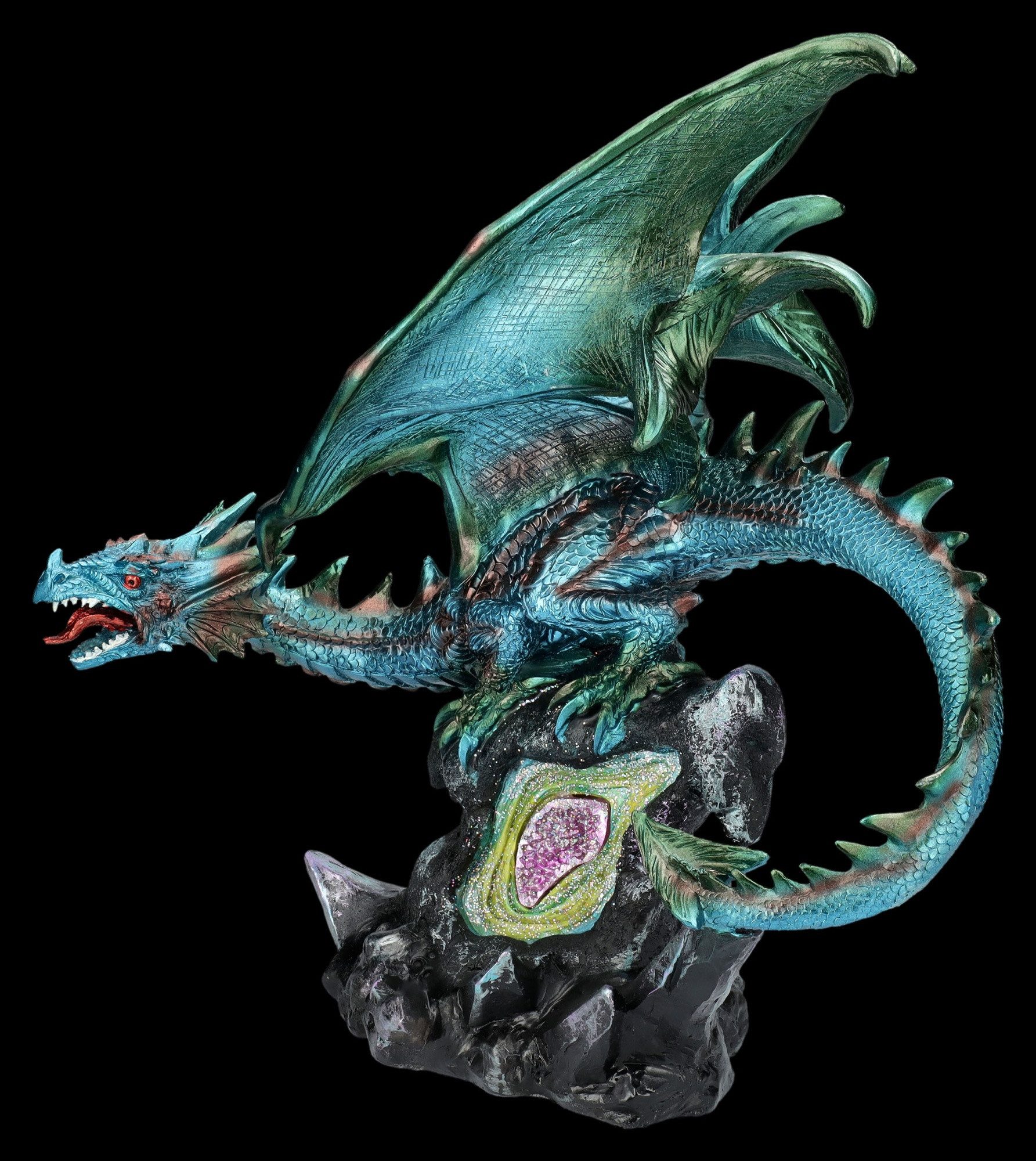 Figuren Shop GmbH Dekofigur Drachenfigur auf Geodenstein - Fantasy Dekofigur Drache Dekoration