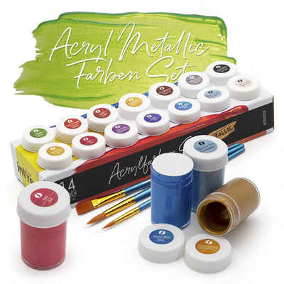 int!rend Bastelfarbe Metallic Acrylfarben Set - 14x 18 ml Acrylfarbe + 3 Pinsel, Acrylfarben Metallic Set - 14x 18 ml Acrylfarbe + 3 Pinsel