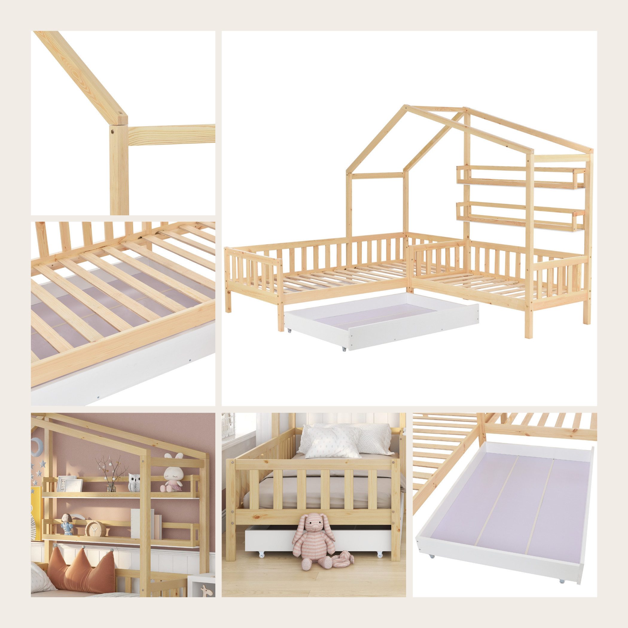 SeedWave Hausbett Kinderbett mit Schubladen und Regalen,Zwei Betten(200x90cm/140x70cm), Dachkonstruktion,Eck-L-förmiges Bett Design,Massivholzrahmen – Bild 5 von 5