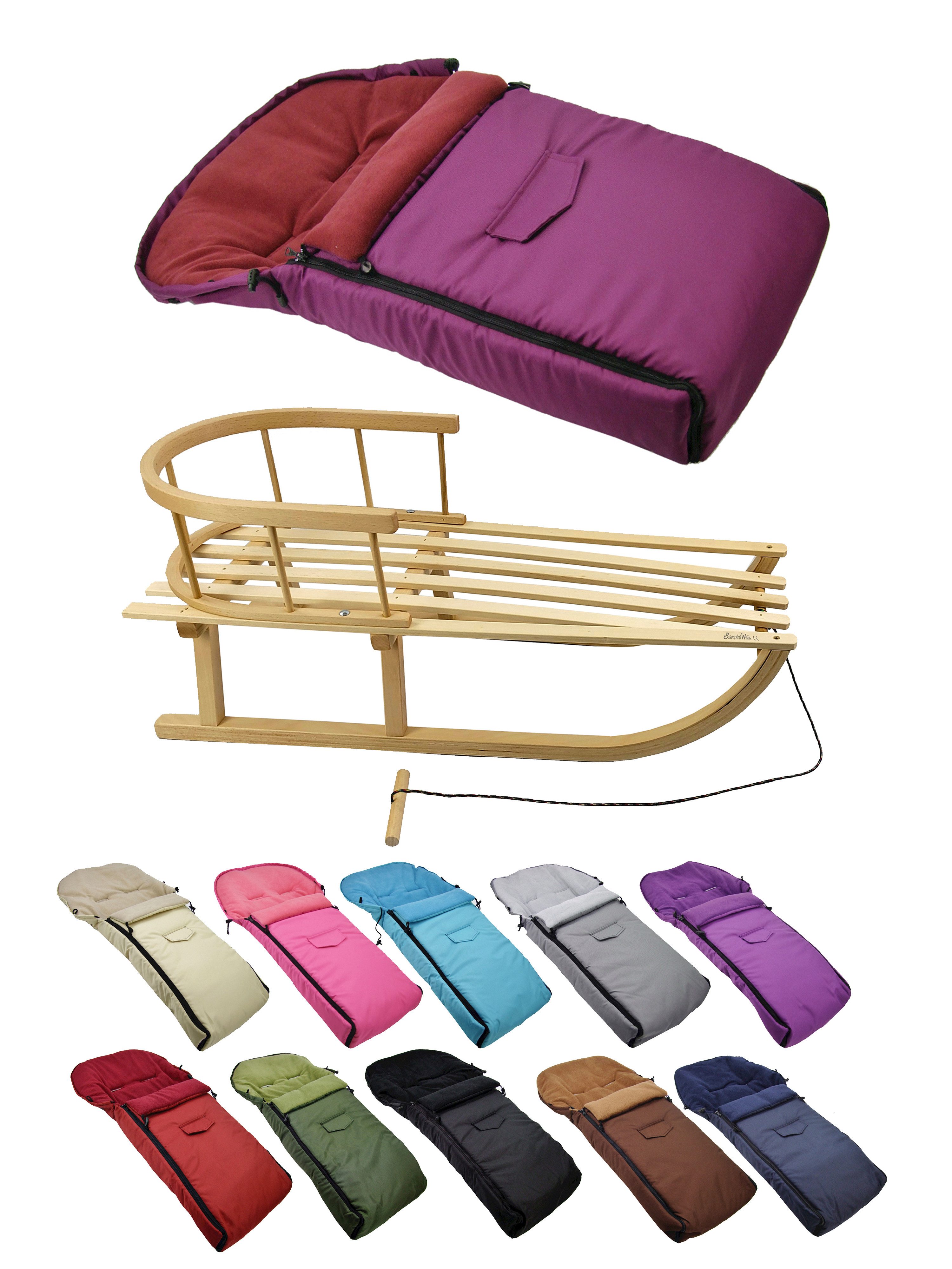 BambiniWelt by Rafael K. Davoser Schlitten CE-HOLZSCHLITTEN mit Rückenlehne Zugleine + WINTERFUßSACK Fleece 90cm