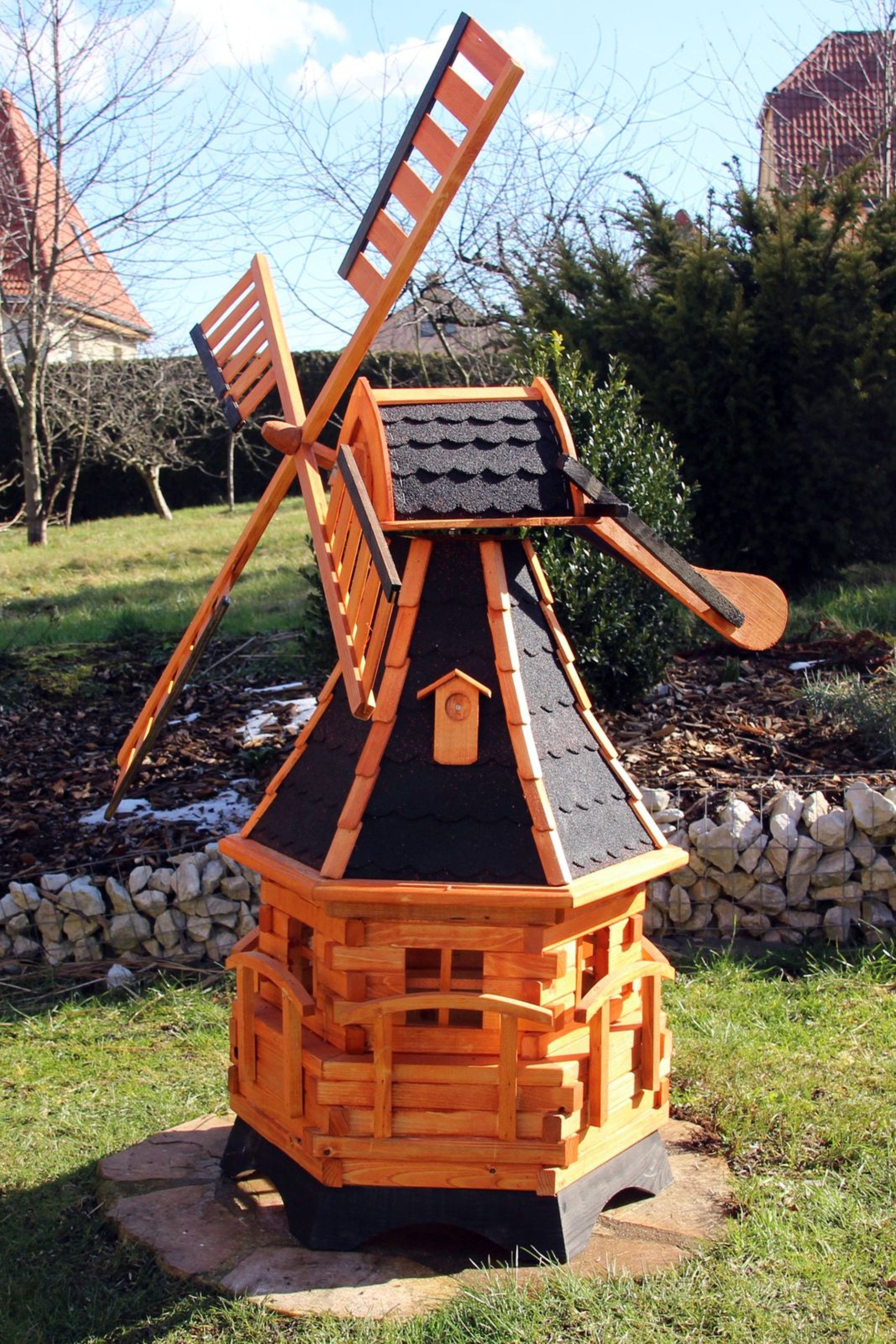 Holzdekoladen Deko-Windrad Holz Windmühle mit Solarlicht Weiß – Garten Deko wetterfest