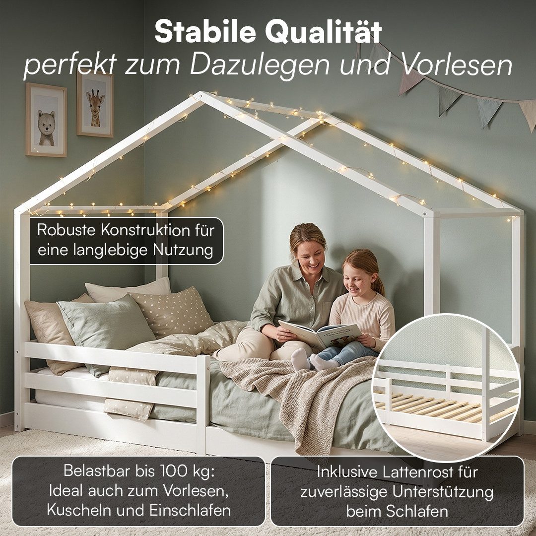 Bellabino Hausbett Abia Kinderbett mit Lattenrost und Rausfallschutz (weiß, optional mit Matratze), Bodenbett 120x200 cm, verfügbar in verschiedenen Ausführungen