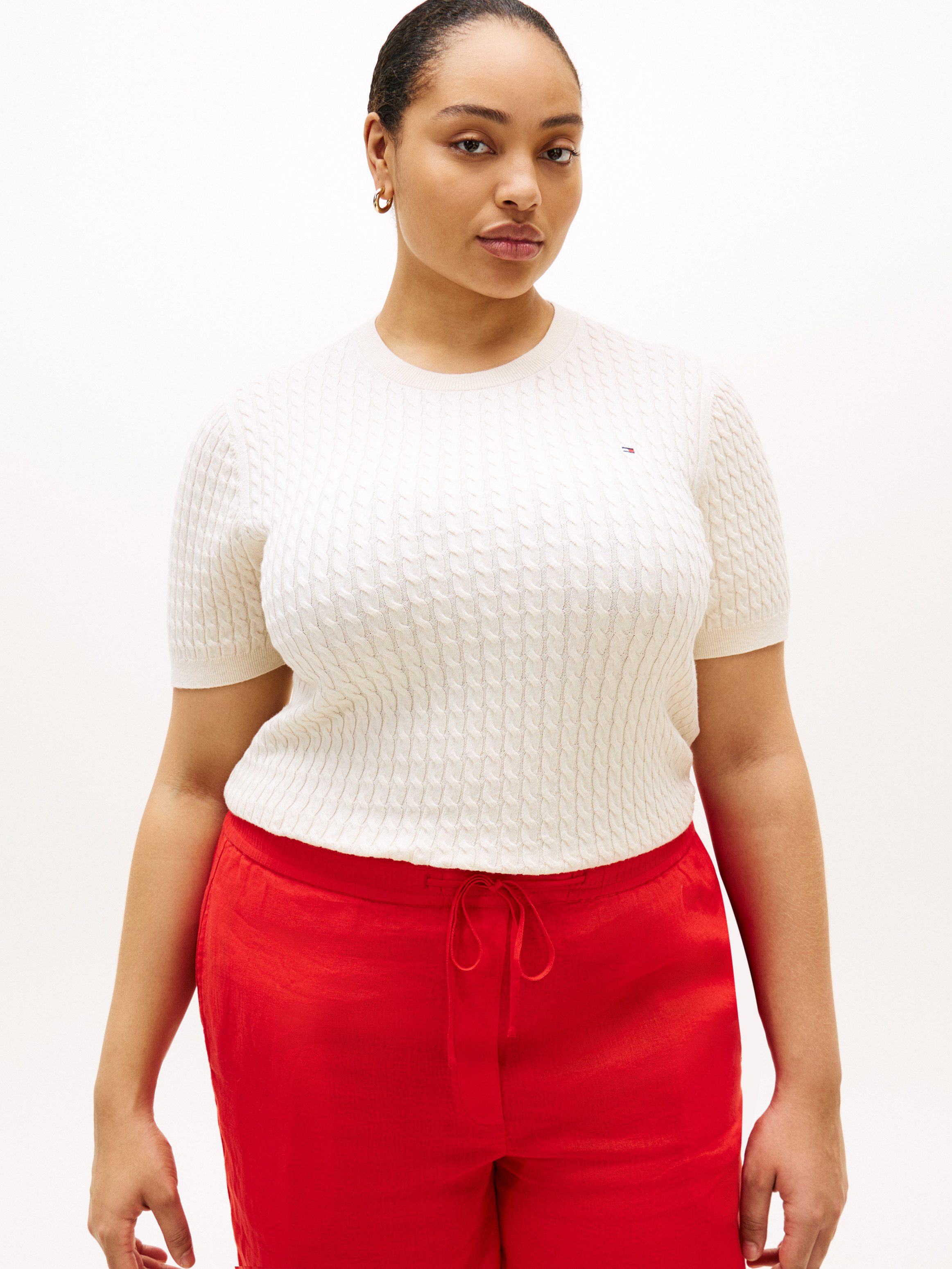 Tommy Hilfiger Curve Rundhalspullover CRV CO CABLE FINE GG CNK S/S SWT in großen Größen, mit Zopfmuster