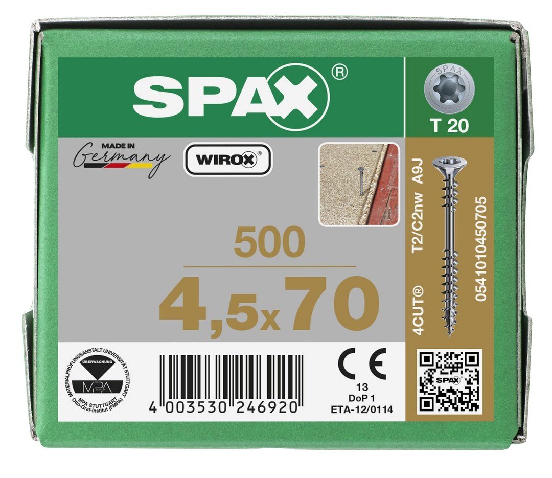 mm SPAX 4,5x70 500 verzinkt, Verlegeschraube, Spanplattenschraube weiß (Stahl St),