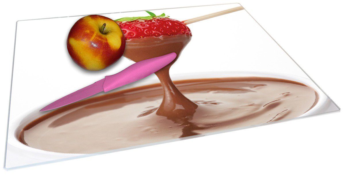 Erdbeer 30x40cm 4mm, mit Wallario 1-St), Stiel, (inkl. Schoko-fondue Schneidebrett rutschfester Gummifüße ESG-Sicherheitsglas, am