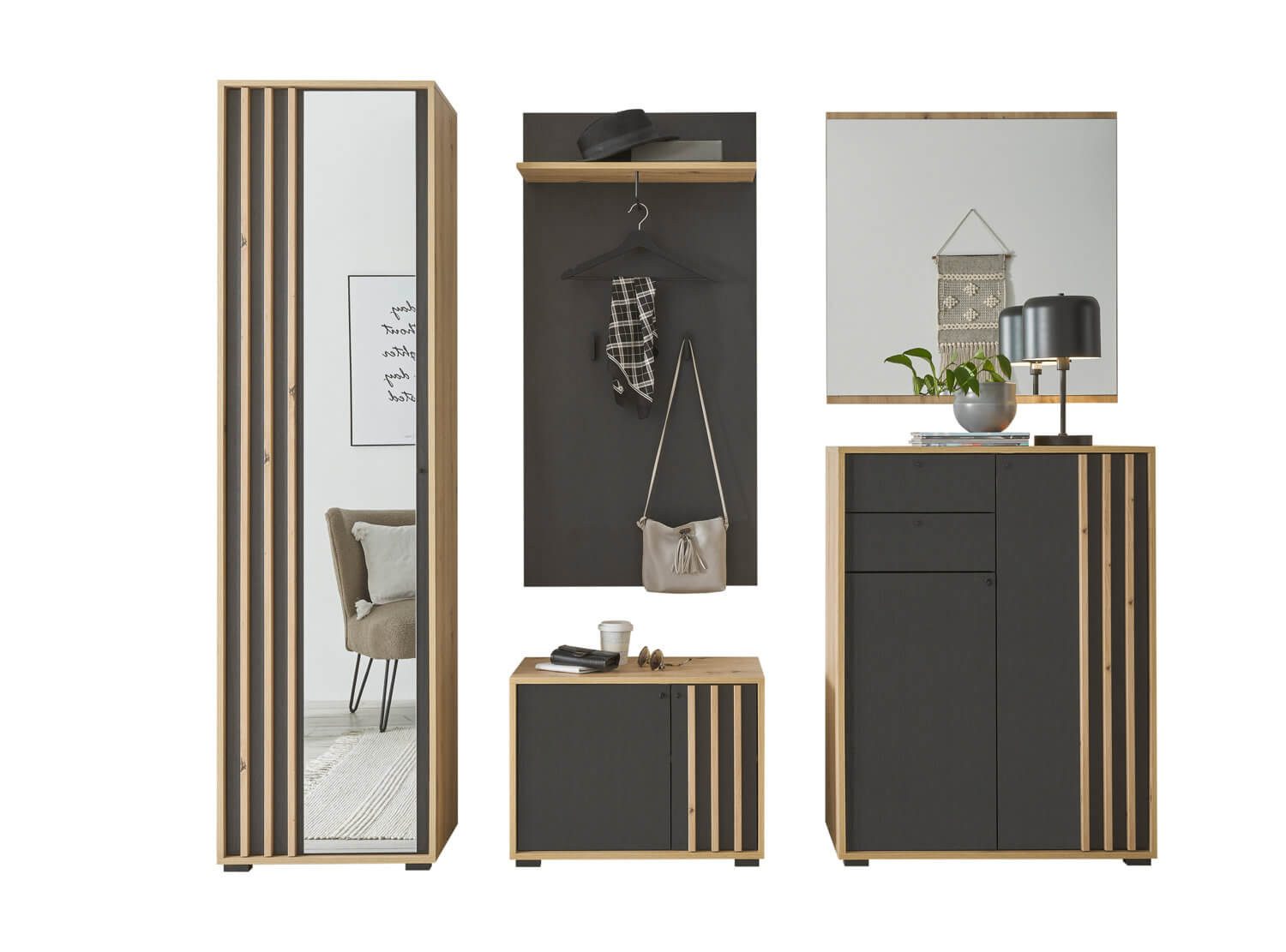 HBZ Garderoben-Set VOLANO, (Komplett-Set, Garderobenschrank + Paneel + Bank + Spiegel + Schuhkommode), inkl. Spiegeltür