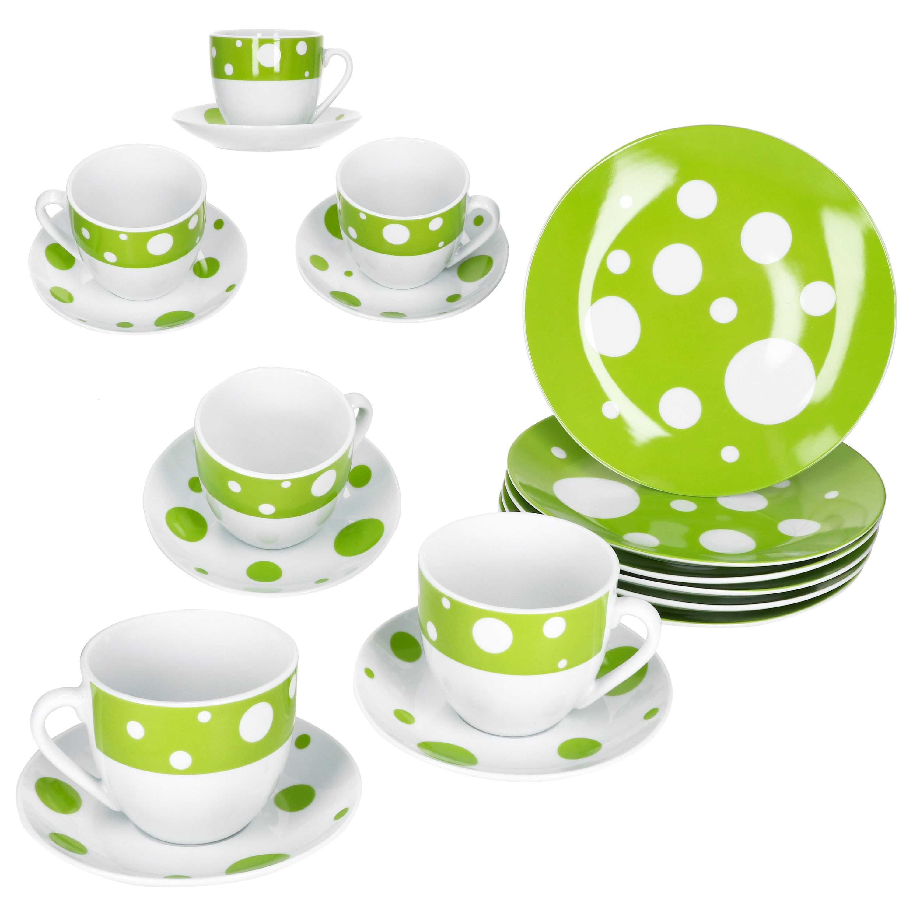 MamboCat Kaffeeservice 18tlg Kaffeeservice Pula grün Porzellan 6 Pers. Tassen Teller Punkte, Porzellan