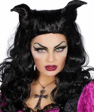 Karneval-Klamotten Kostüm Maleficent Hörner Horn Perücke Damen Halloween, Maleficient Perücke schwarz böse dunkle Fee Horror Halloweenperücke
