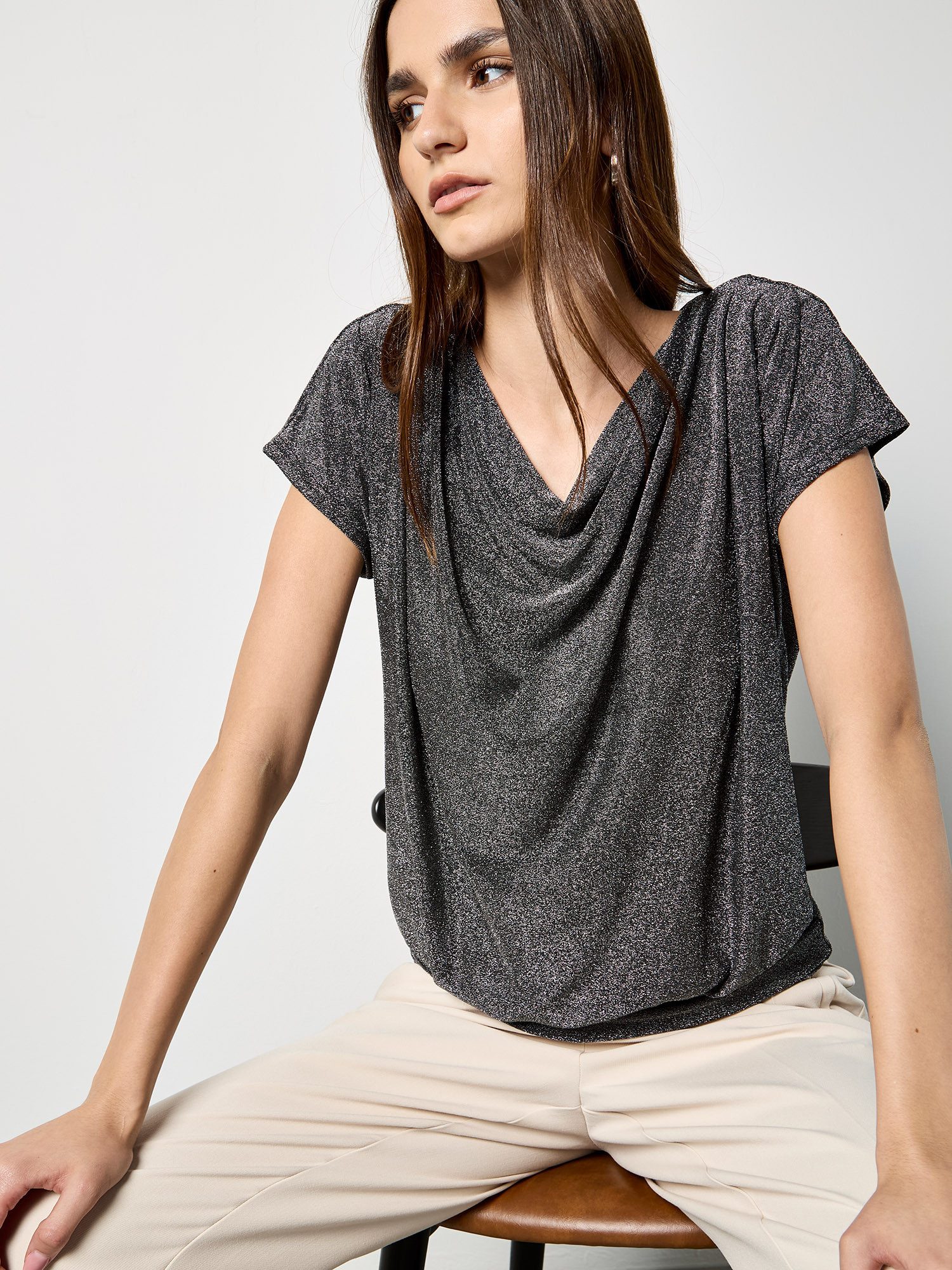 Apricot Paillettenshirt Top mit Glitzer