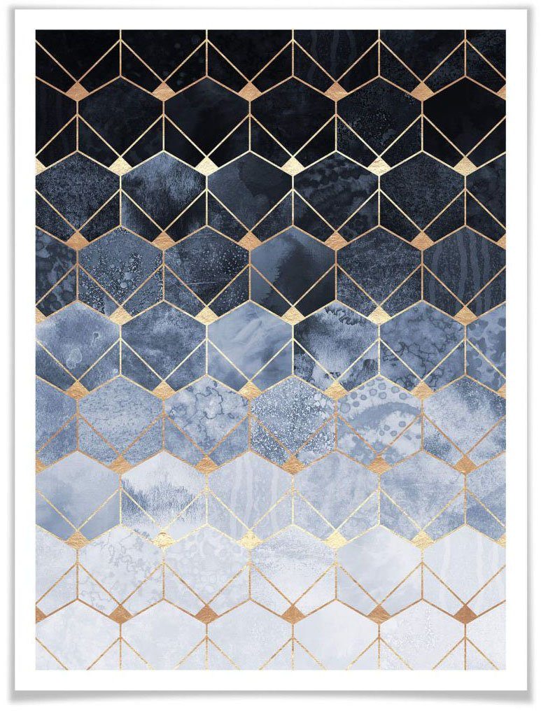 Wall-Art Poster Hexagon Blau Gold, (1 Schriftzug St)