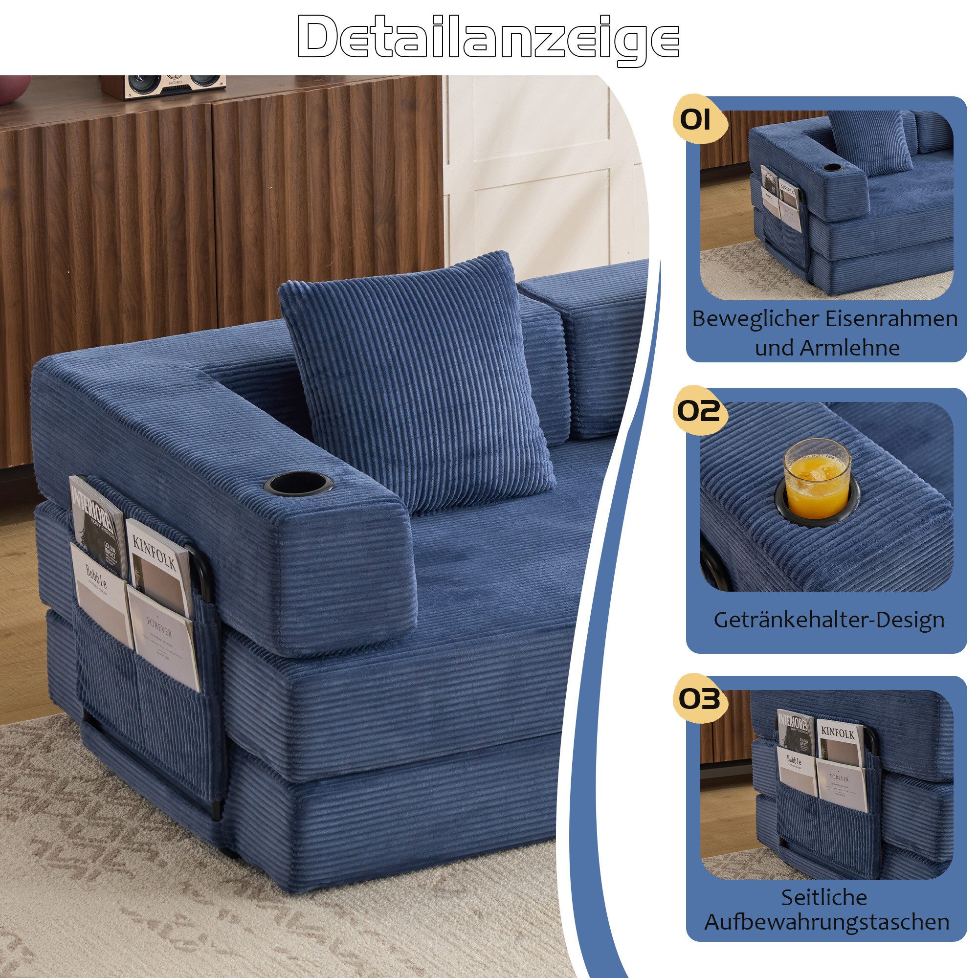 Vankel Loungebett Sofas Wohnzimmer, Sofa mit Schlaffunktion aus Cord mit Cupholder, Faltbares Schlafsofa mit Seitentaschen, Cupholdern und ohne Montage