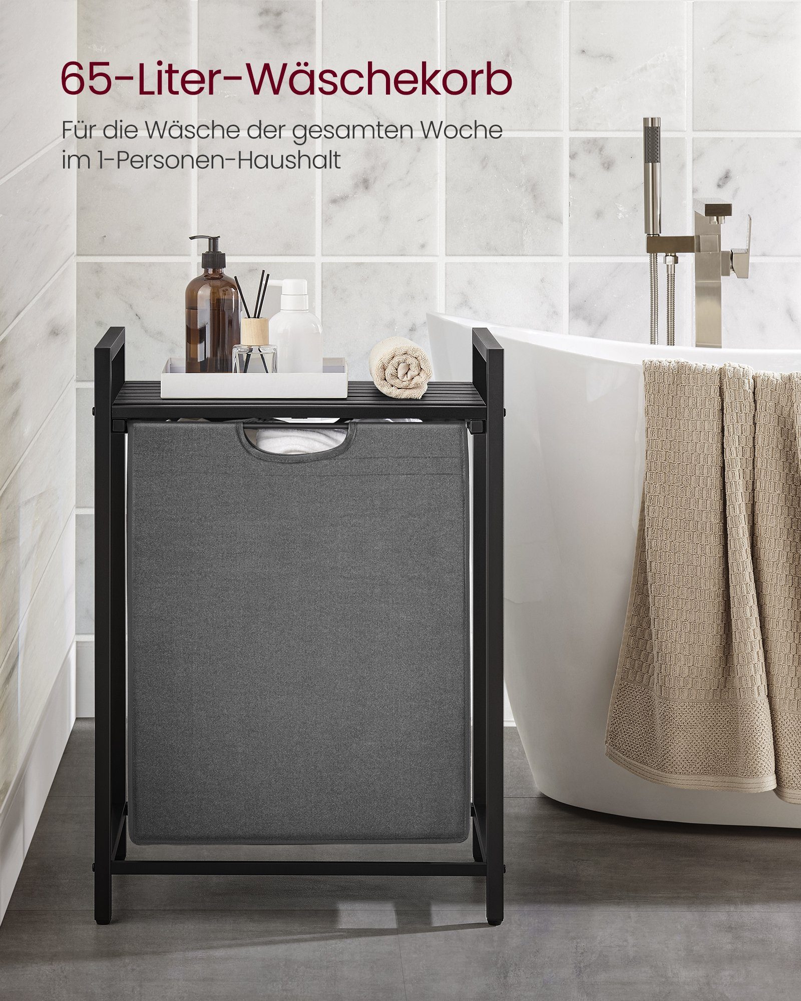 VASAGLE Wäschekorb Wäschesammler mit Ablage, Wäschesack abnehmbar, 65 L, 50 x 33 x 72 cm, Wäschebox, Metallrahmen, schwarz-grau