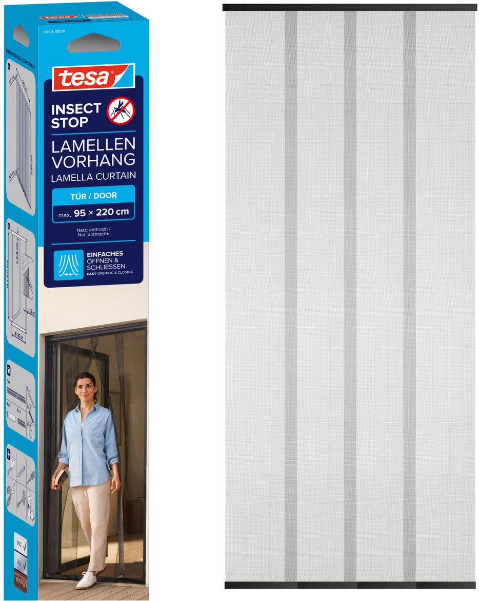 tesa Insektenschutz-Tür Lamellen Vorhang - Fliegenvorhang für Balkon und Terassentüren, (Packung, 1-St., Fliegennetz, Klettband), INSECT STOP Vorhang inkl. Klettverschluss - 95 x 220 cm