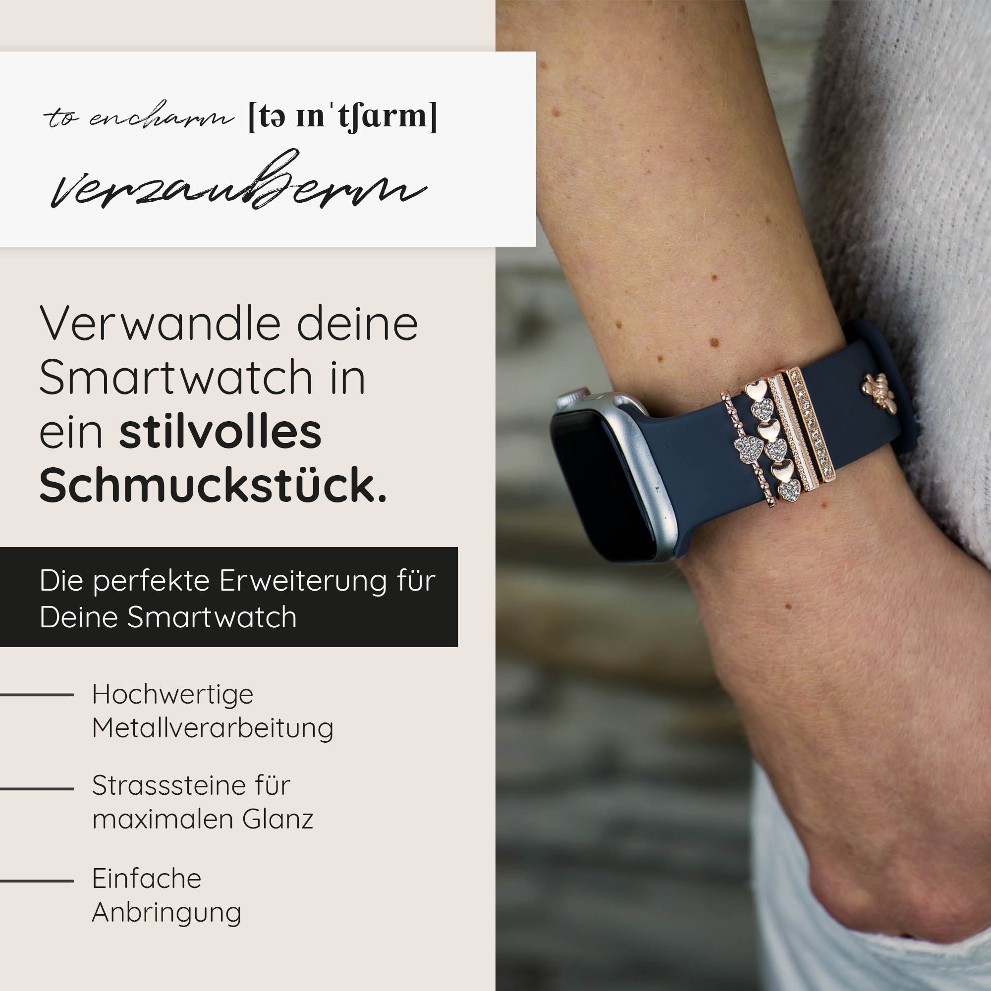 ARTVALL Smartwatch-Armband Apple Watch Charms Set 38/40/41mm & 42/44/45/49mm, Uhrenarmband Deko Accessoire Damen Biene Pin Herzen & Strasssteine